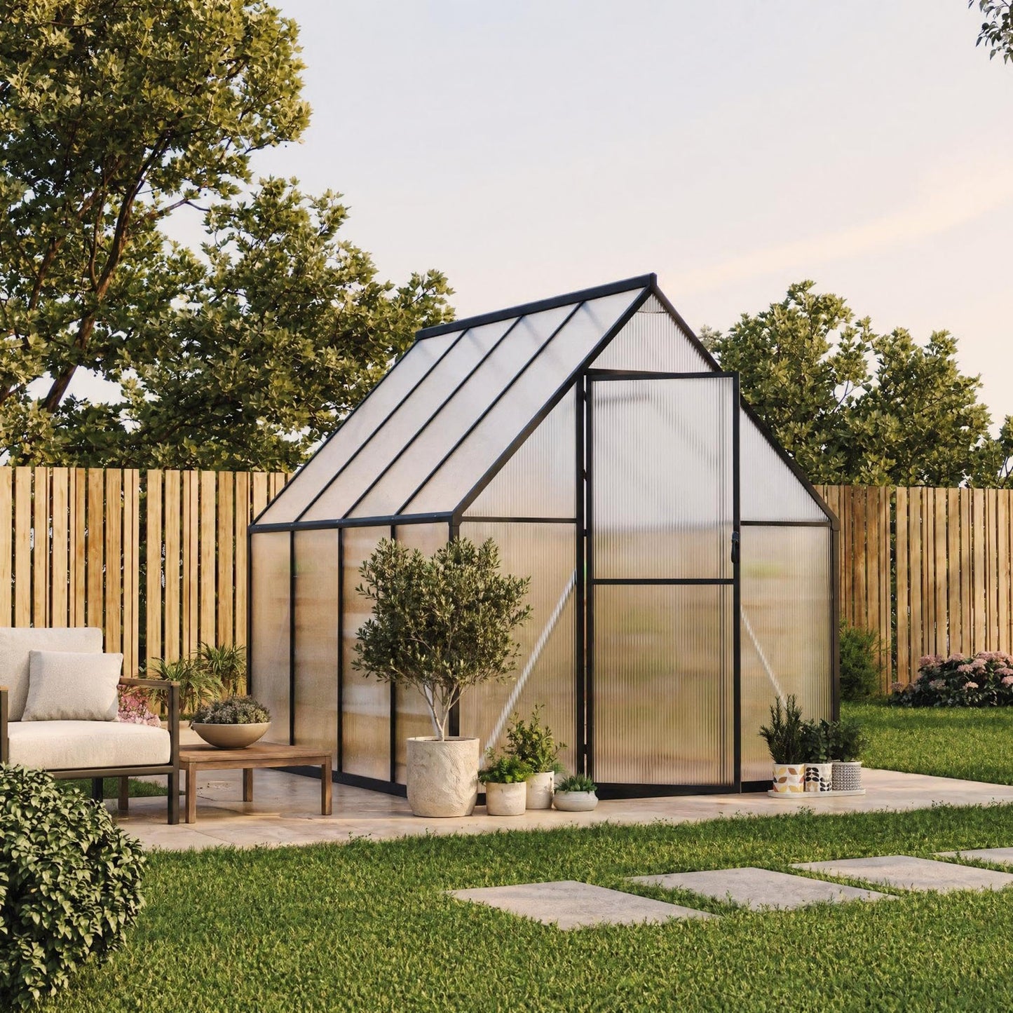 CABIHOME 8x12 FT Outdoor Greenhouse, Polycarbonate Greenhouse with Roof Vent and Ground Nails, Aluminum Large Walk-in Green House w/ Lockable Push Door for Outdoor Garden (Silver - 1, 6x7 FT)
