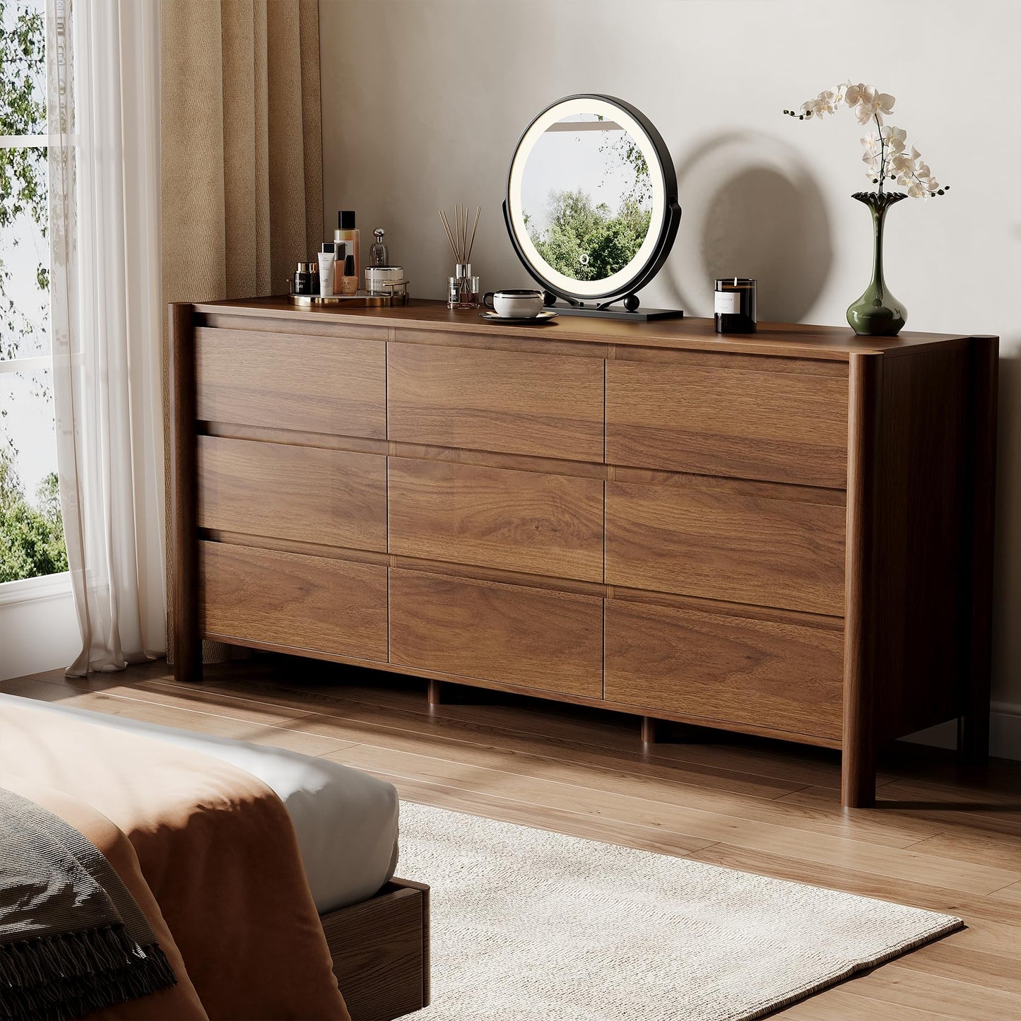 HOUROM 63" Wide 9-Drawer Dresser for Bedroom, Mid-Century Modern Chest with Solid Wood Legs, Concealed Handle,Large Wood Storage Organizer, Bedroom Storage,Walnut