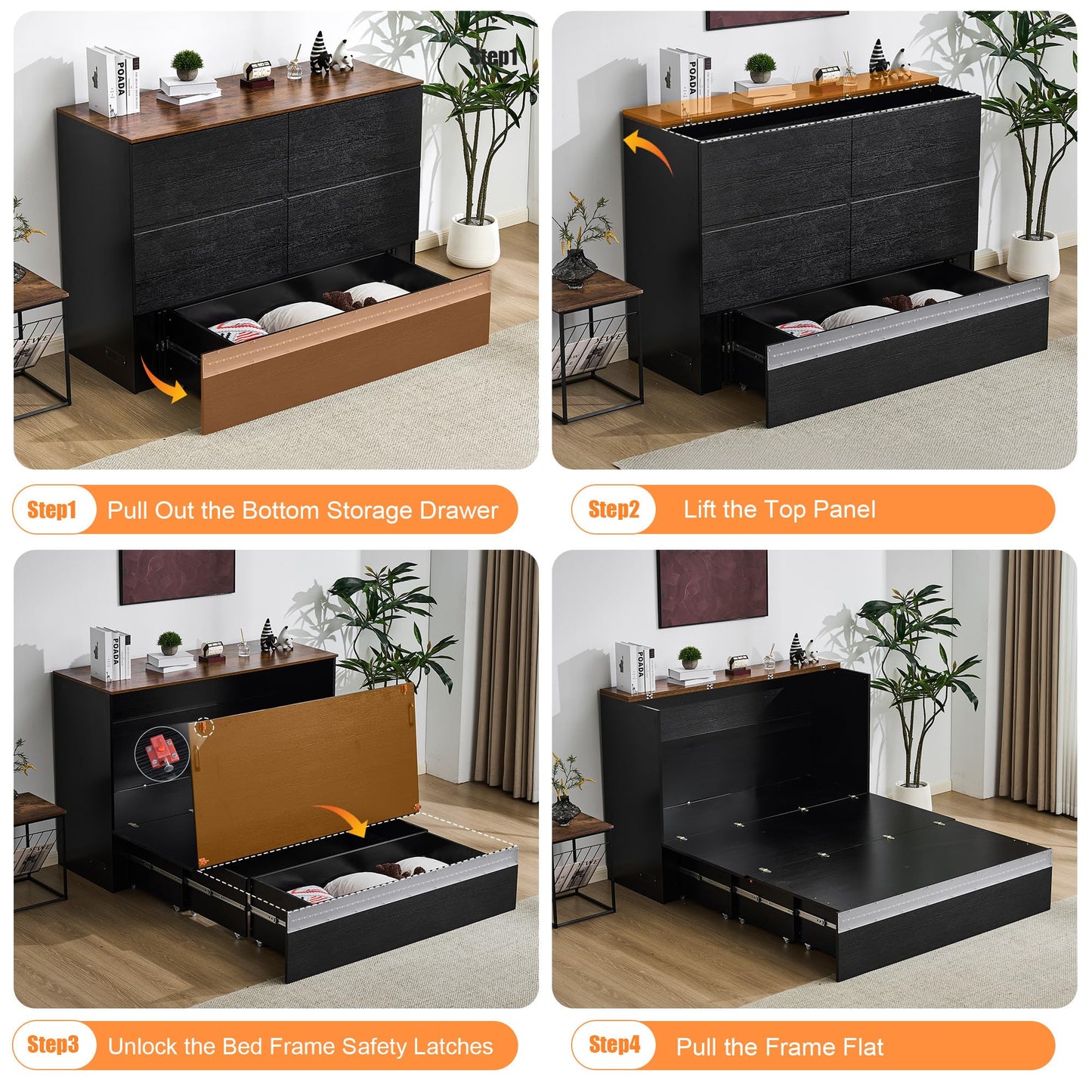 VINGLI Queen Size Murphy Bed with Storage Drawer,Smart LED Lighting,Built-in 2 Charging Stations, Space-Saving Cabinet Bedfor Kids,Adults & Guests,Classic Black