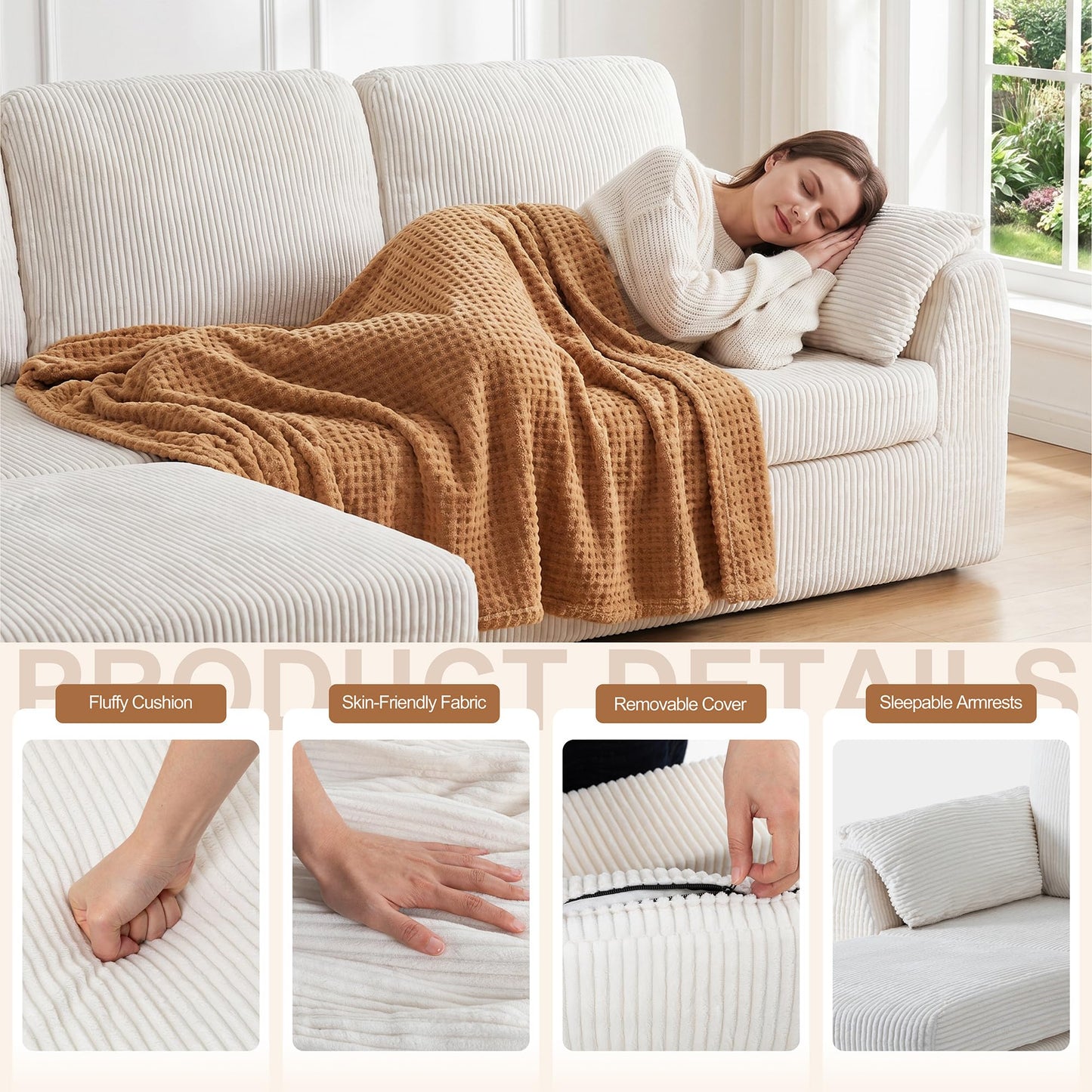 Vongrasig Boneless Convertible Sectional Sofa Couch, 3 Seat L Shaped Sofa with Removable Pillows Plush Corduroy Fabric Small Couches for Living Room, Apartment and Office, White