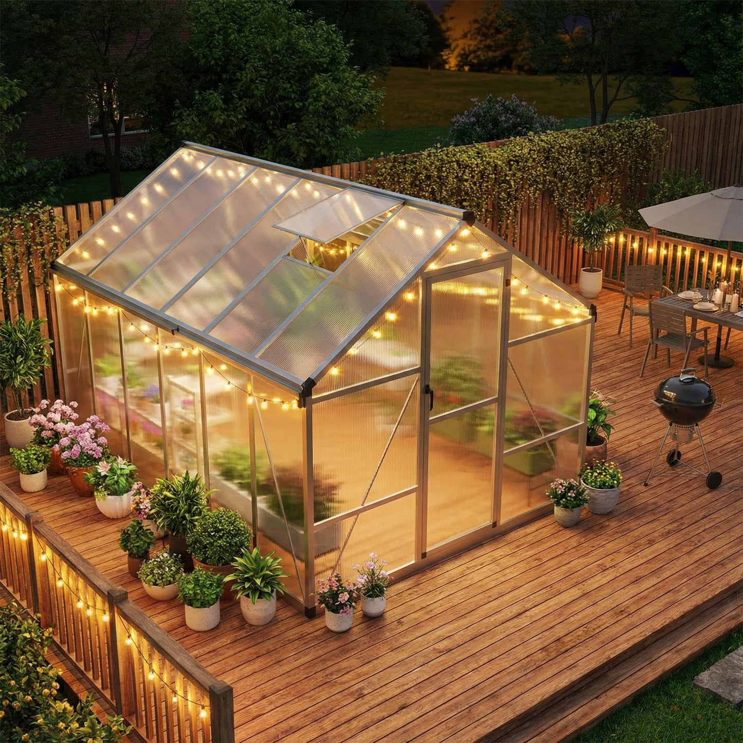 8x12 ft Greenhouse, Polycarbonate Walk-in Greenhouse for Outside with Lockable Outward-Opening Swing Door & Roof Vent, Heavy-Duty Aluminum Green House for Garden, Backyard, Patio, Lawn, Sliver