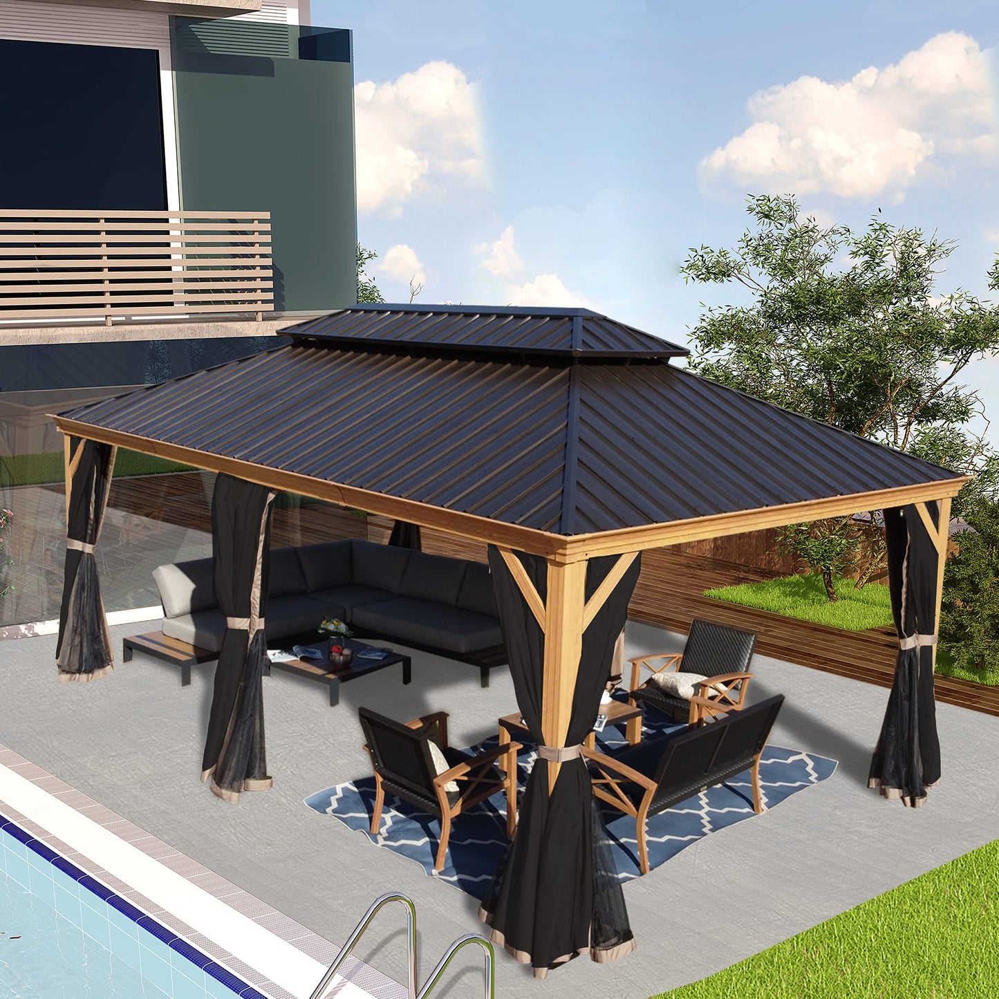 Kozyard Apollo 12’x20’ Hardtop Gazebo, Wooden Coated Aluminum Frame Canopy with Galvanized Steel Double Roof, Outdoor Permanent Metal Pavilion with Netting for Patio, Lawn
