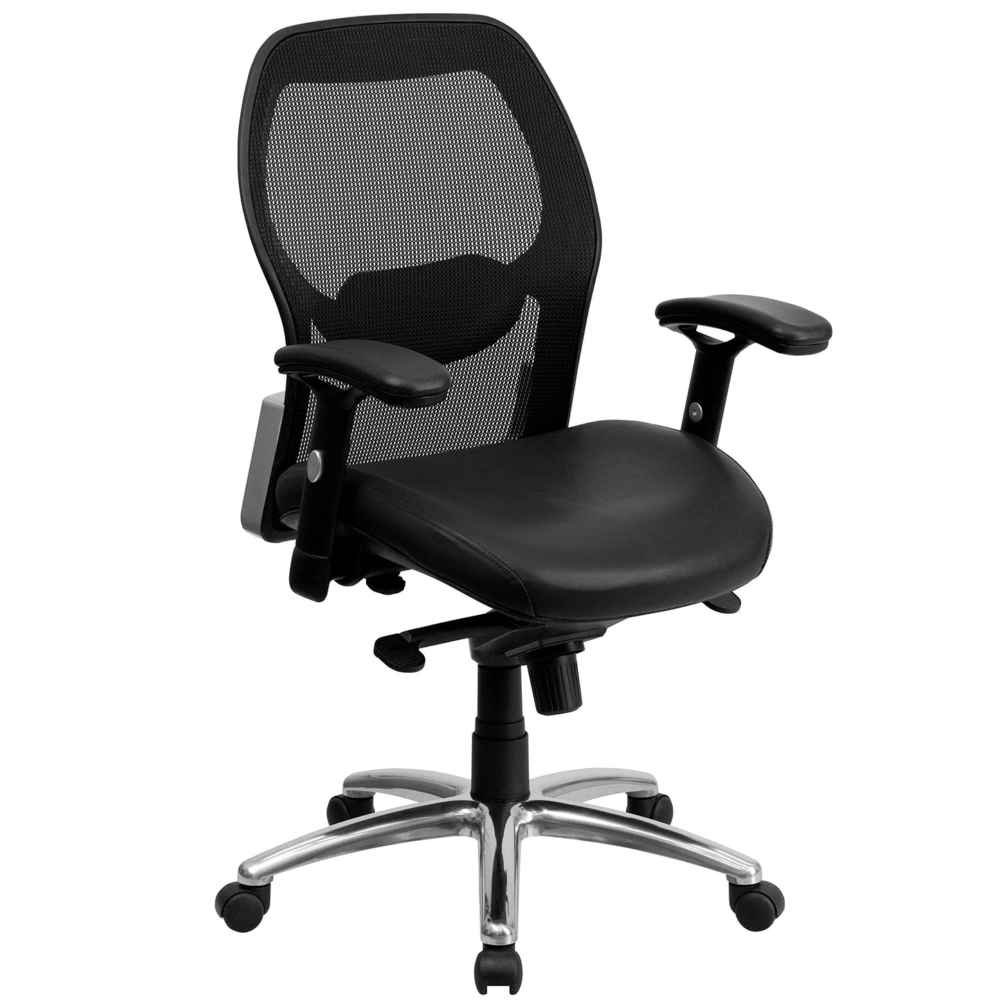 Flash Furniture Albert Mid-Back Black Super Mesh Executive Swivel Office Chair with LeatherSoft Seat, Knee Tilt Control and Adjustable Lumbar & Arms