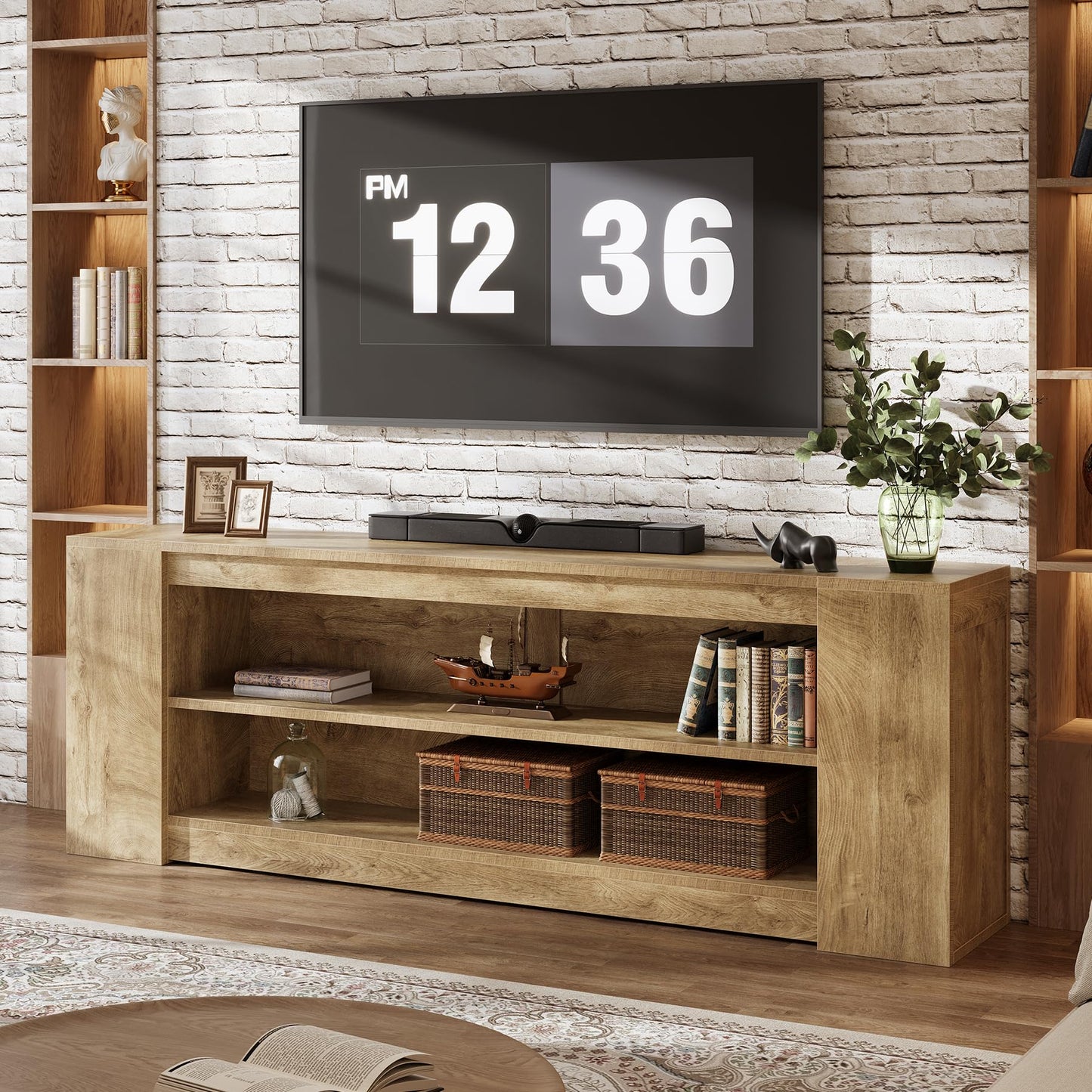 Tribesigns 78" LED Light TV Stand for TVs up to 90 Inches, 3 Tiers Farmhouse Entertainment Center with Open Storage Shelves, Media Console Table for Living Room, Bedroom, Rustic Brown