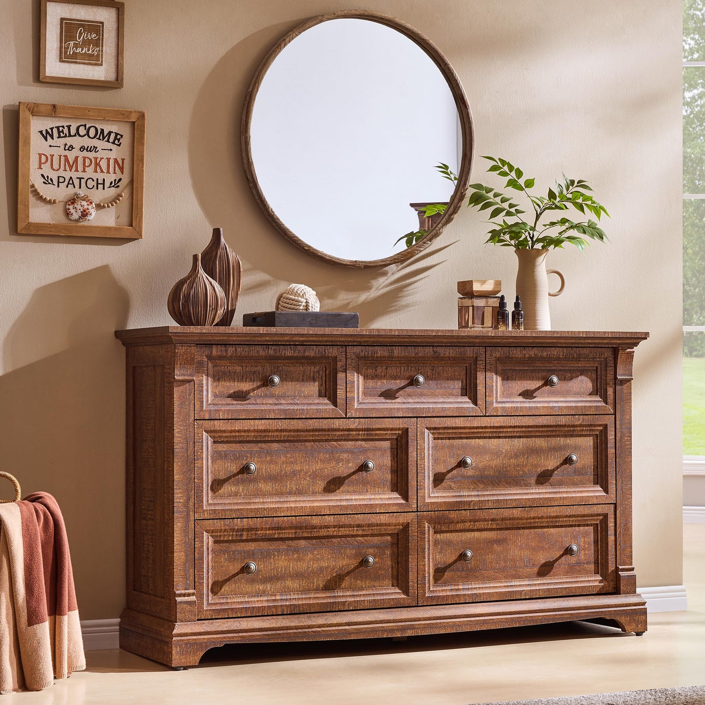 T4TREAM Farmhouse 7 Drawers Dresser for Bedroom, 54" Wide Wood Rustic Chest of Drawers w/Roman Column, Wooden Storage Dressers Organizer for Bedroom, Living Room, Closet, Reclaimed Barnwood