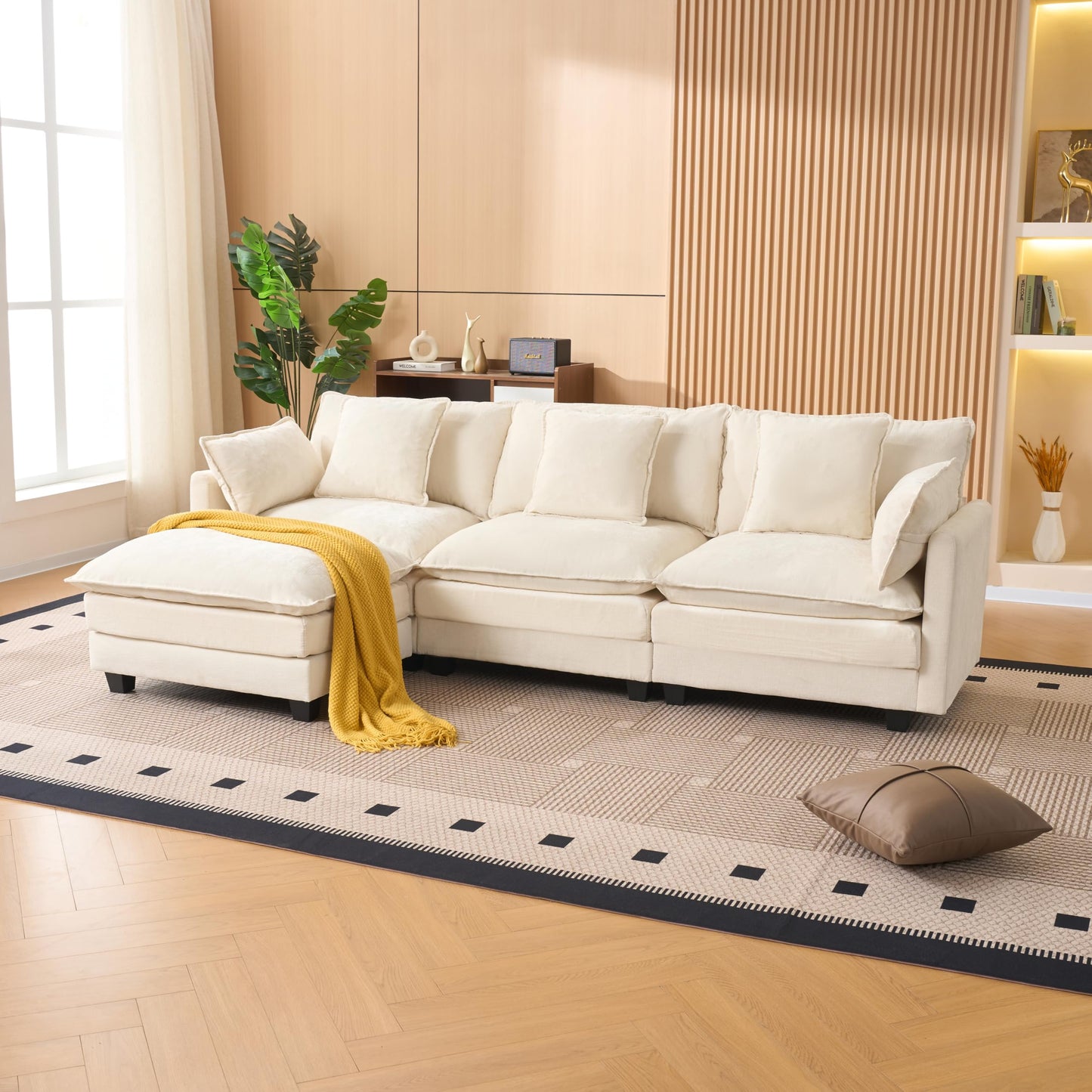 KEIKI 102" Modular Sectional Sofa with Storage Ottoman, L Shaped Convertible Couch with Movable Chaise Lounge, Linen Fabric Comfy 3 Seat Sleeper Sofa for Living Room Modern Apartment Bedroom, Beige