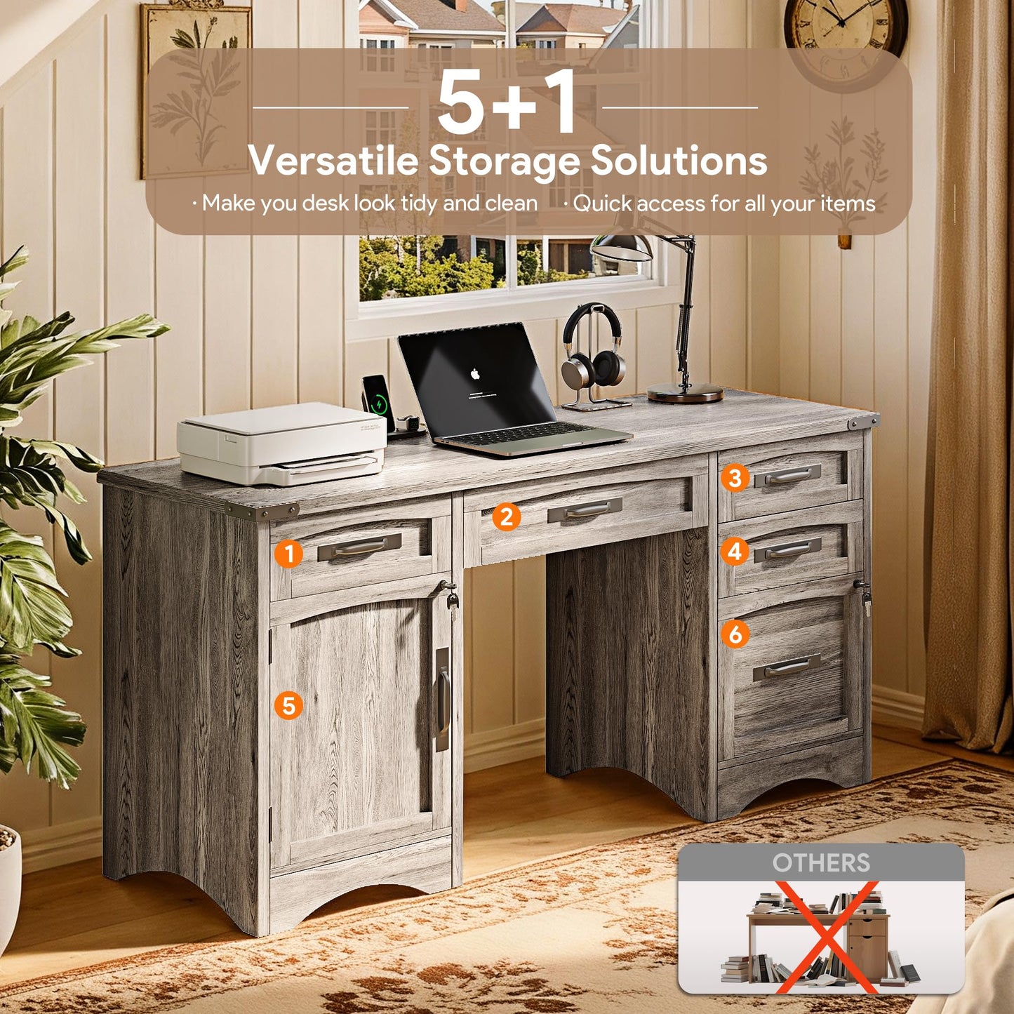 Decofy Farmhouse Executive Desk with Drawers, 55" Home Office Desks with Fast Charging Station, Lockable File Cabinet, Wood Writing Computer Desk for Work, Study, Grey