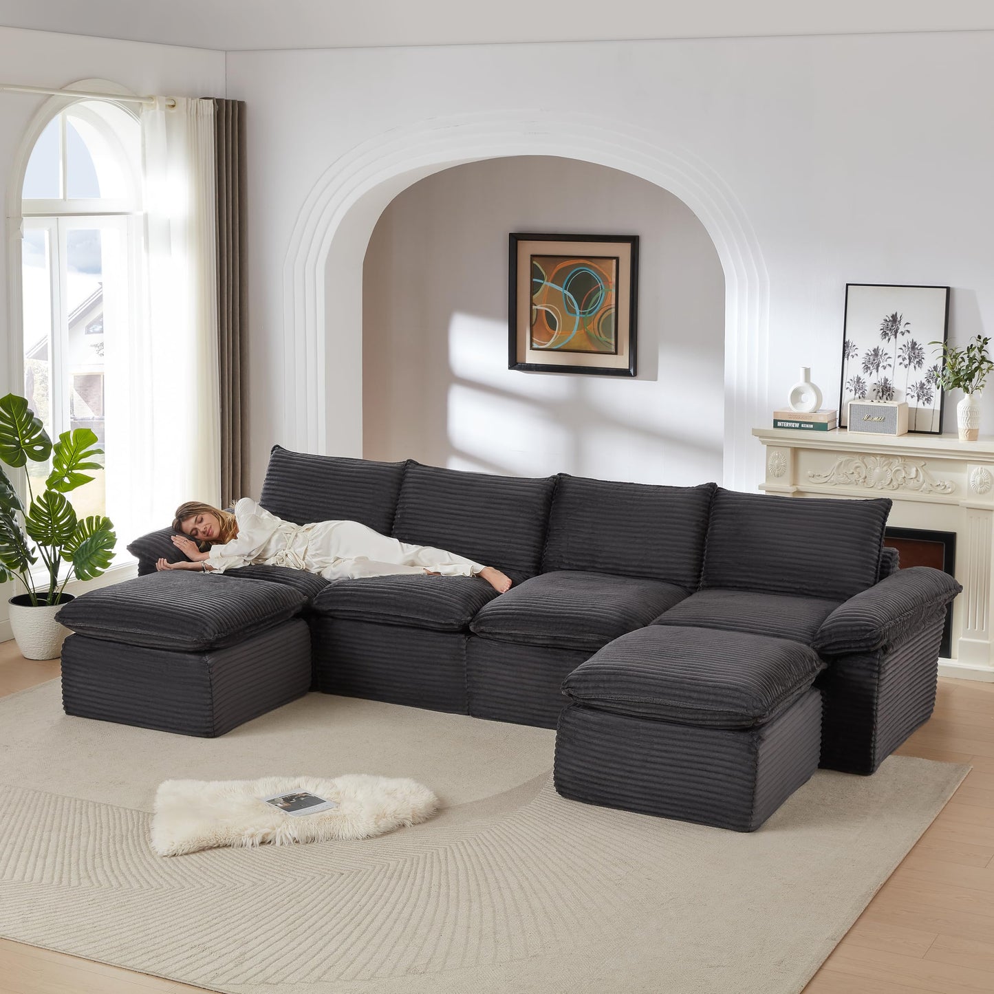 Cloud Modular Sectional Couches Boneless Sofa for Living Room, 142" Oversized U Shaped Corner Couch with Movable Ottomans, Memory Foam Compressed 6 Seater Sofa for Living Room