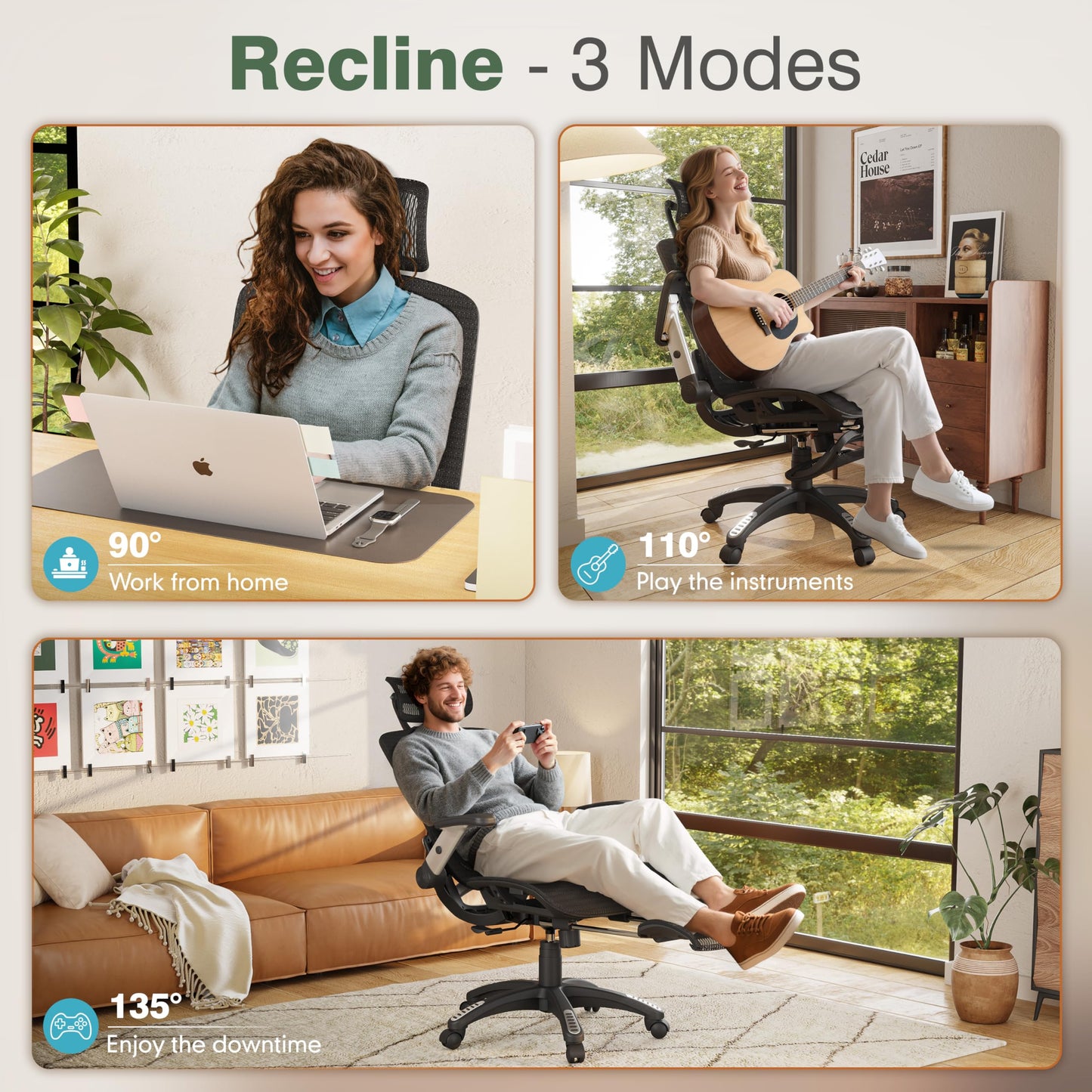 GABRYLLY Office Chair with Footrest, Ergonomic Desk Chair - 135° Recline Wide, 45° Flip-Up Arms,3D Headrest & Mesh Seat, High Back Home Gaming Chair for Adult Man Woman, 300LBS