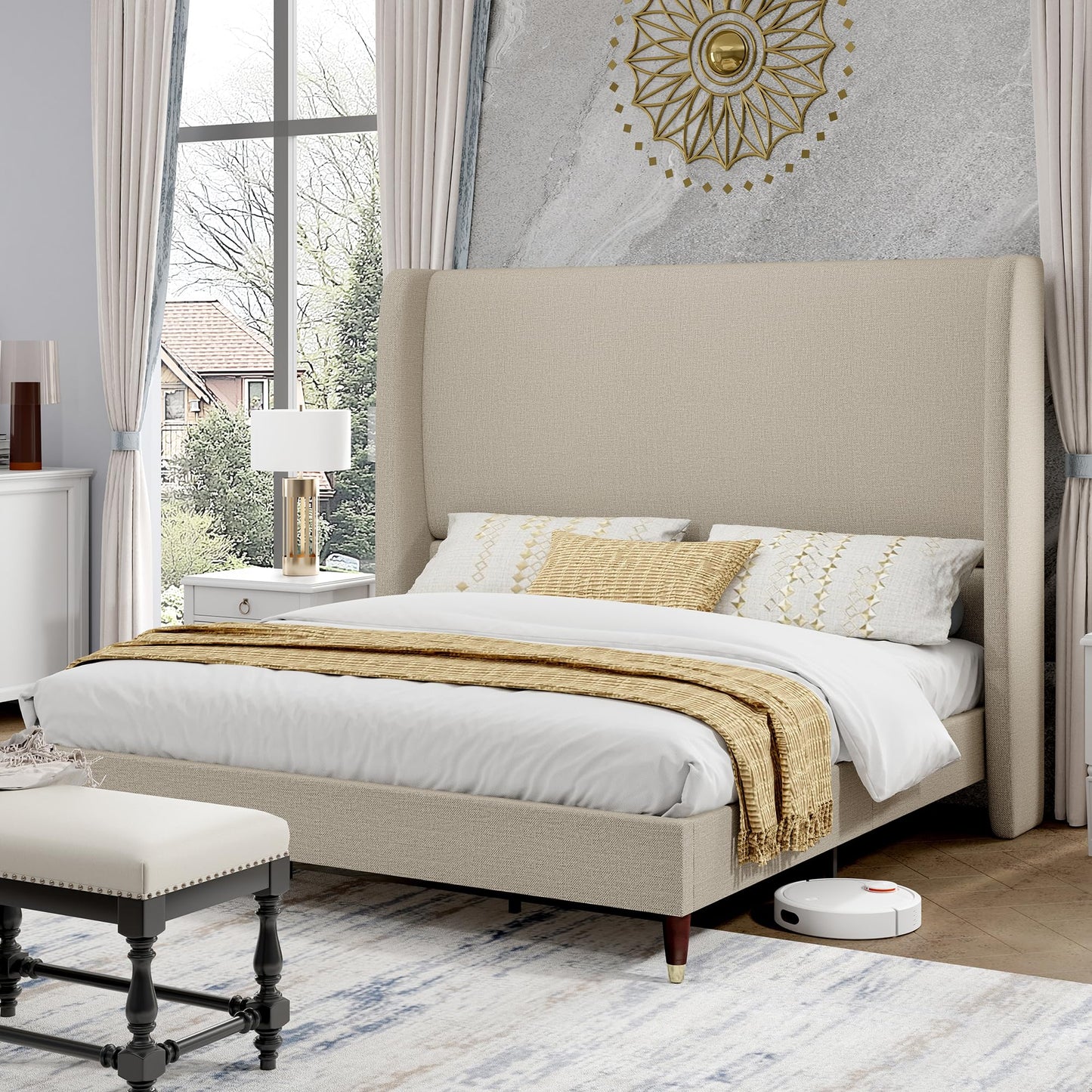 PaPaJet Queen Bed Frame with 51.2" Tall Wingback Headboard,Line Upholstered Platform Bed,Solid Wood Legs,No Box Spring Needed,Noise-Free&Easy Assembly,for Couples, Guest Room, Apartment,Light Khaki
