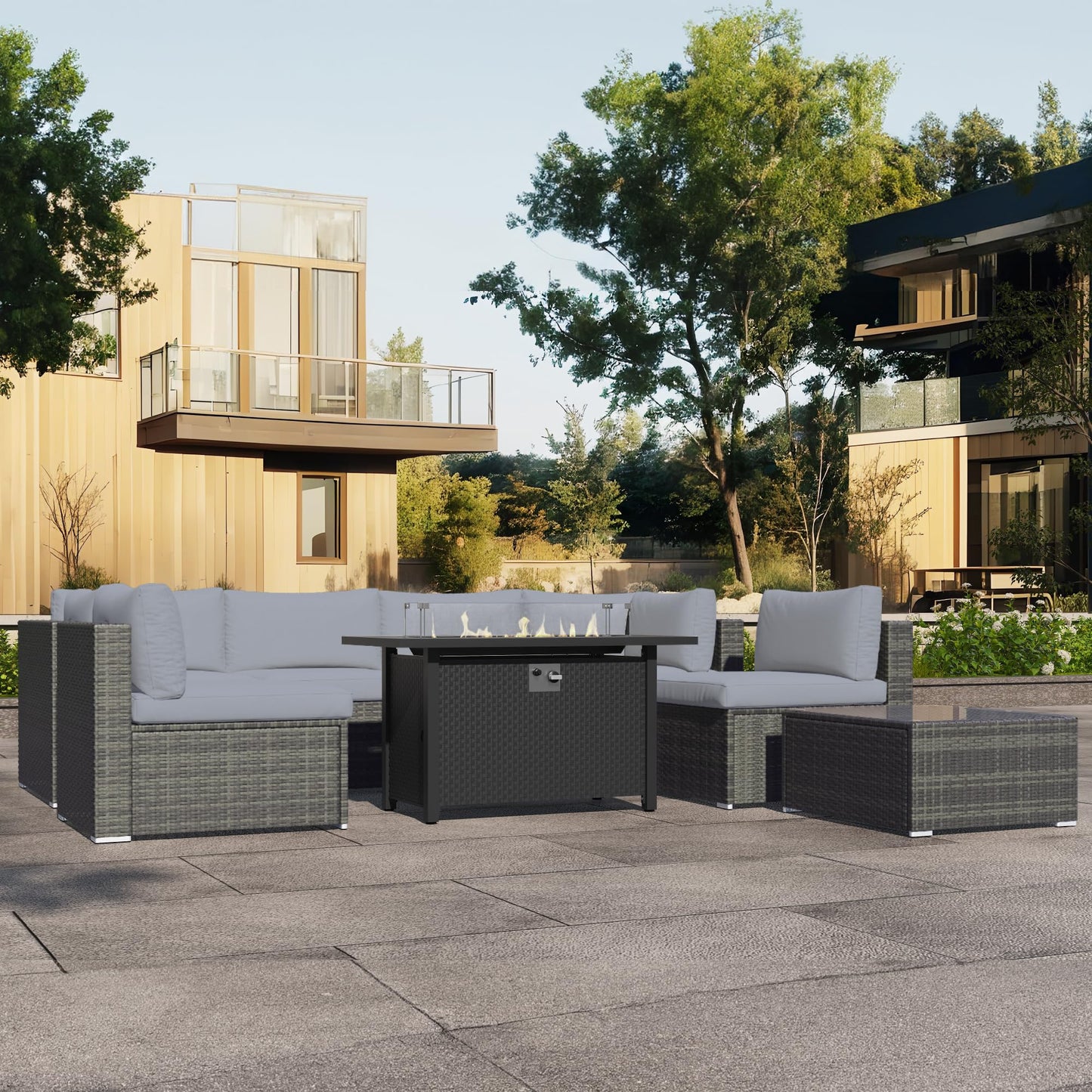 SUNVIVI OUTDOOR 8-Piece Modular Outdoor Patio Furniture Set, Wicker Outdoor Sectional Sofa with 45" Fire Pit Table, All-Weather Rattan with Cushions for Porch Garden Backyard, Grey