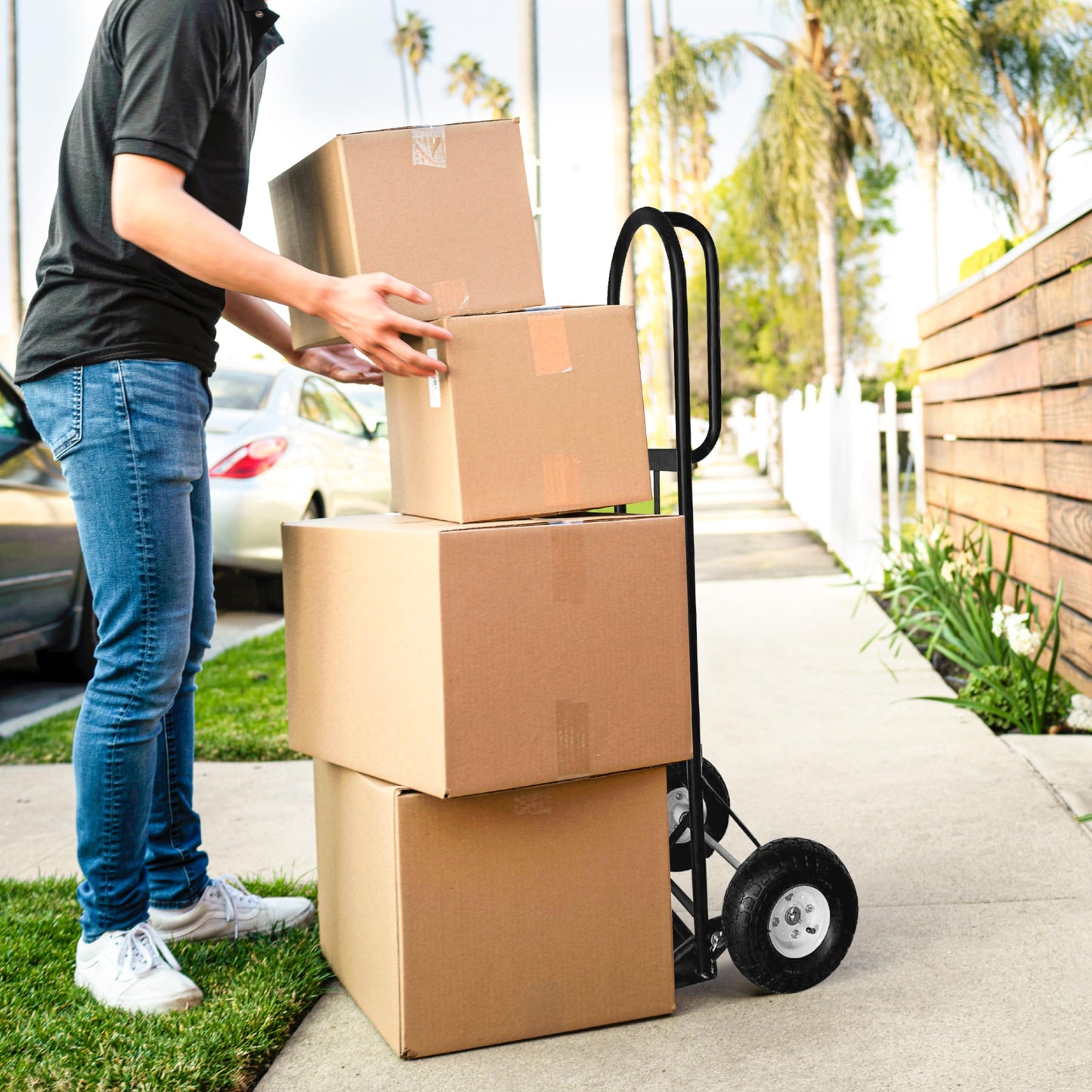 Olympia Tools 800 Lb Sack Hand Truck with Folding Nose, D Handle and 10" Pneumatic Wheels for Home and Office Use