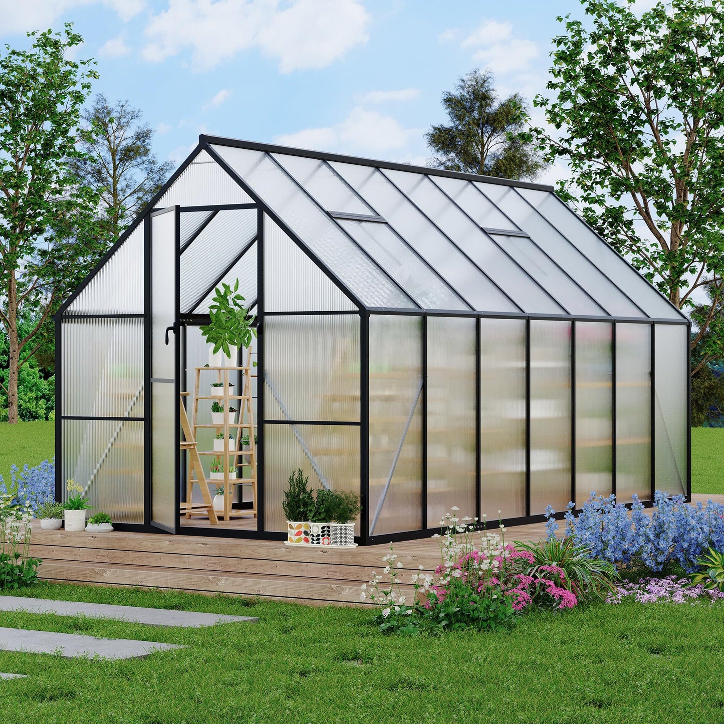 Polycarbonate Greenhouse for Outdoors, Large Walk-InGreenhouse with Quick Setup Structure and Roof Vent, Greenhouse with Ventilation and Rain Gutter