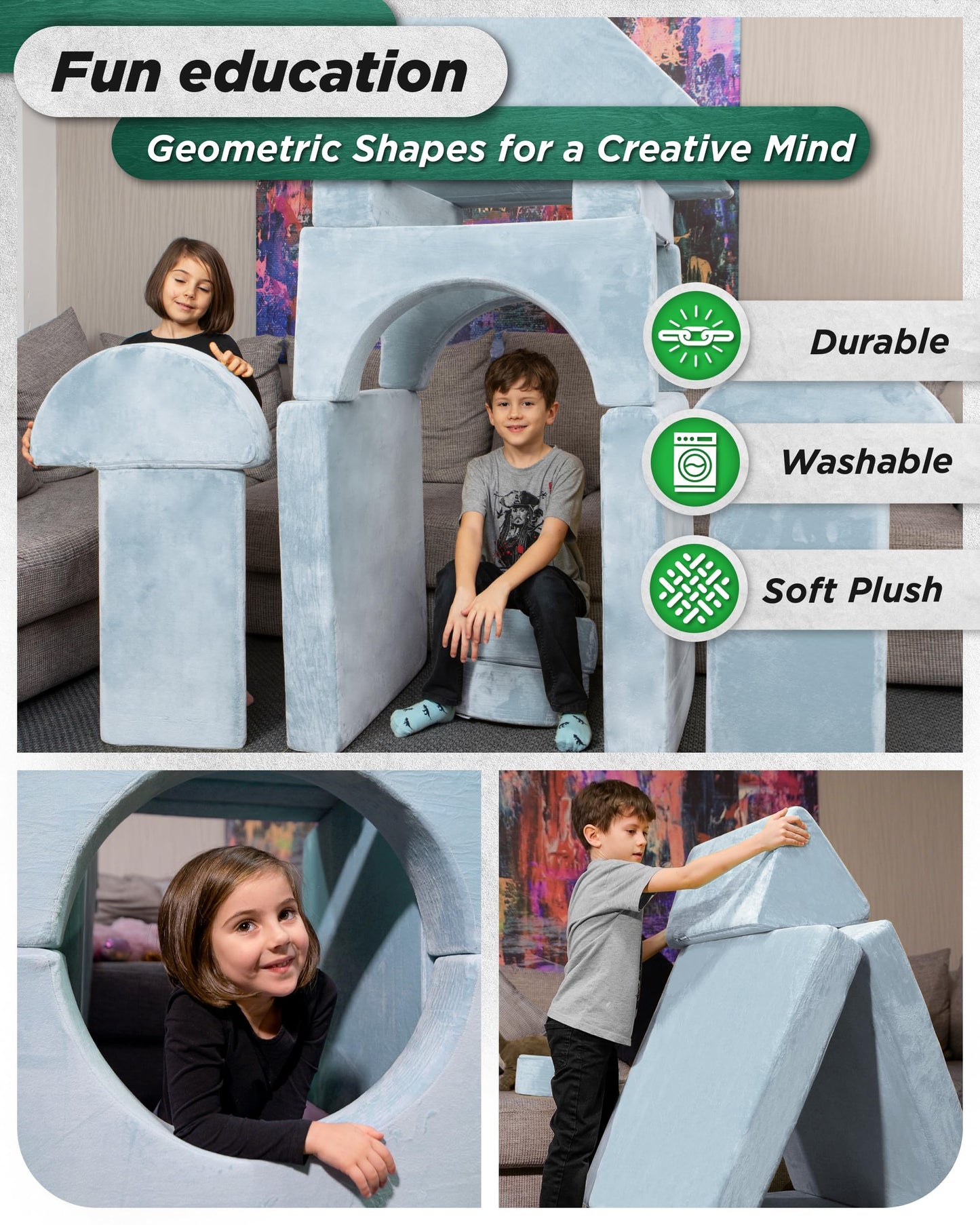 Lunix LX15 14pcs Modular Kids Play Couch, Child Sectional Sofa, Fortplay Bedroom and Playroom Furniture for Toddlers, Convertible Foam and Floor Cushion for Boys and Girls, Serenity Blue