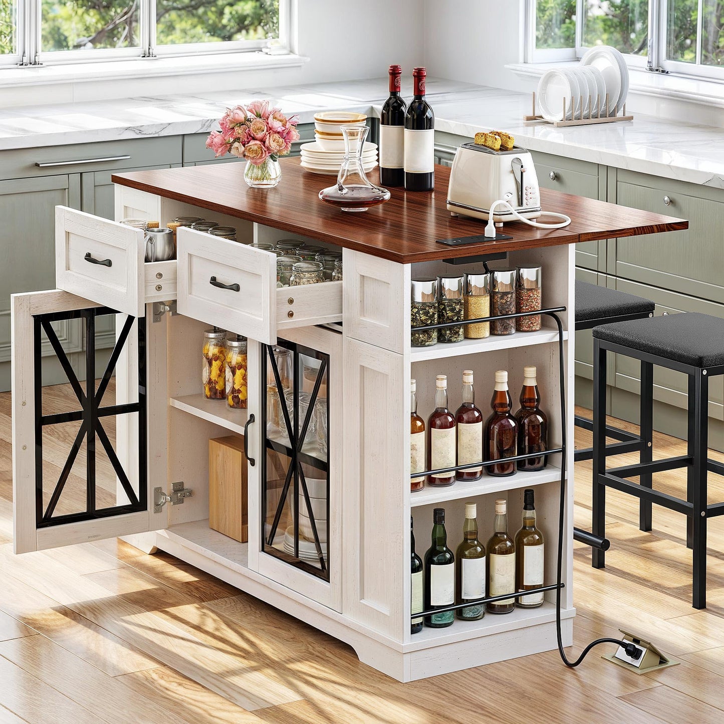 YITAHOME Kitchen Island with Seating, 47 Inch Mobile Storage Island with Drop Leaf, Rolling Islands Table with Power Outlet & Spice Rack, 2 Upholstered Stools and Footrest, for Dining Room, Off White