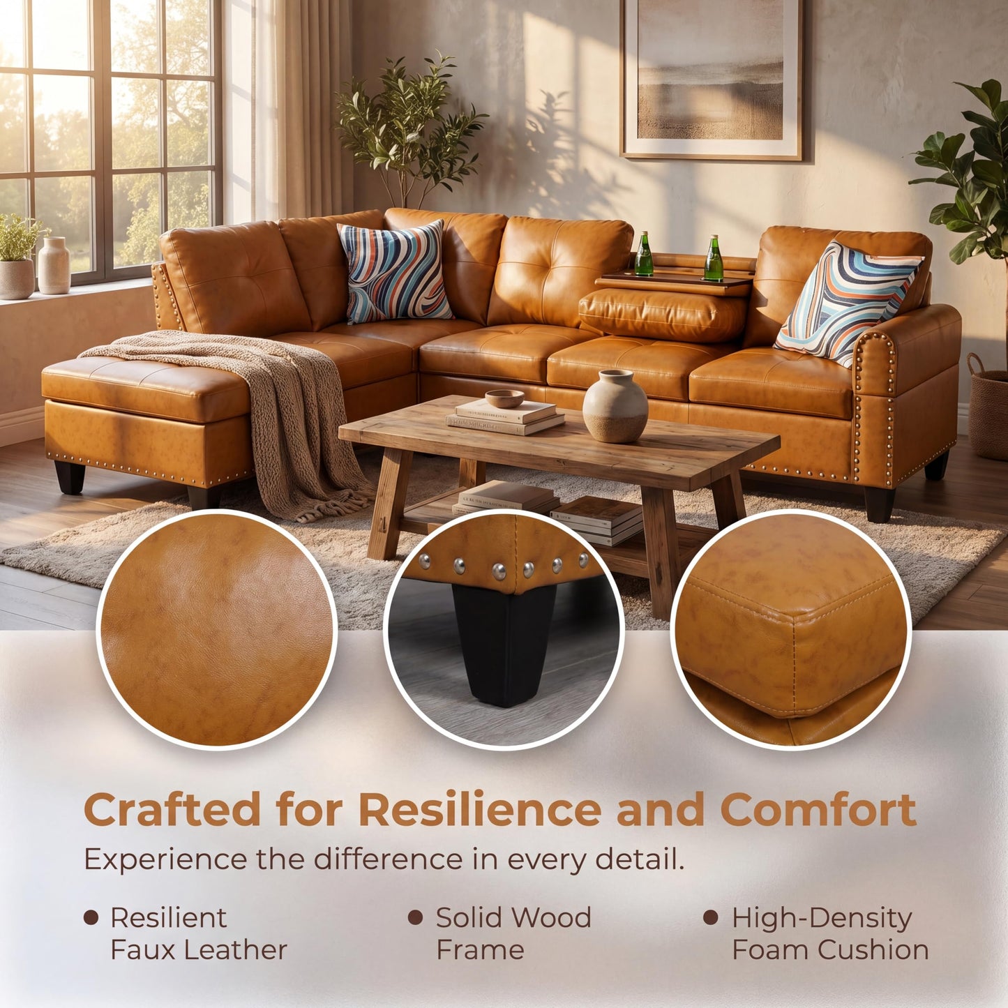 Topcomfy Leather L Shaped Sectional Couches for Living Room - 97.5“ x 69.5" Modular Sectional Sofa with Storage Ottoman, 4 Seat Home Sofa Living Room Furniture Sets with Chaise for Apartment, Ginger
