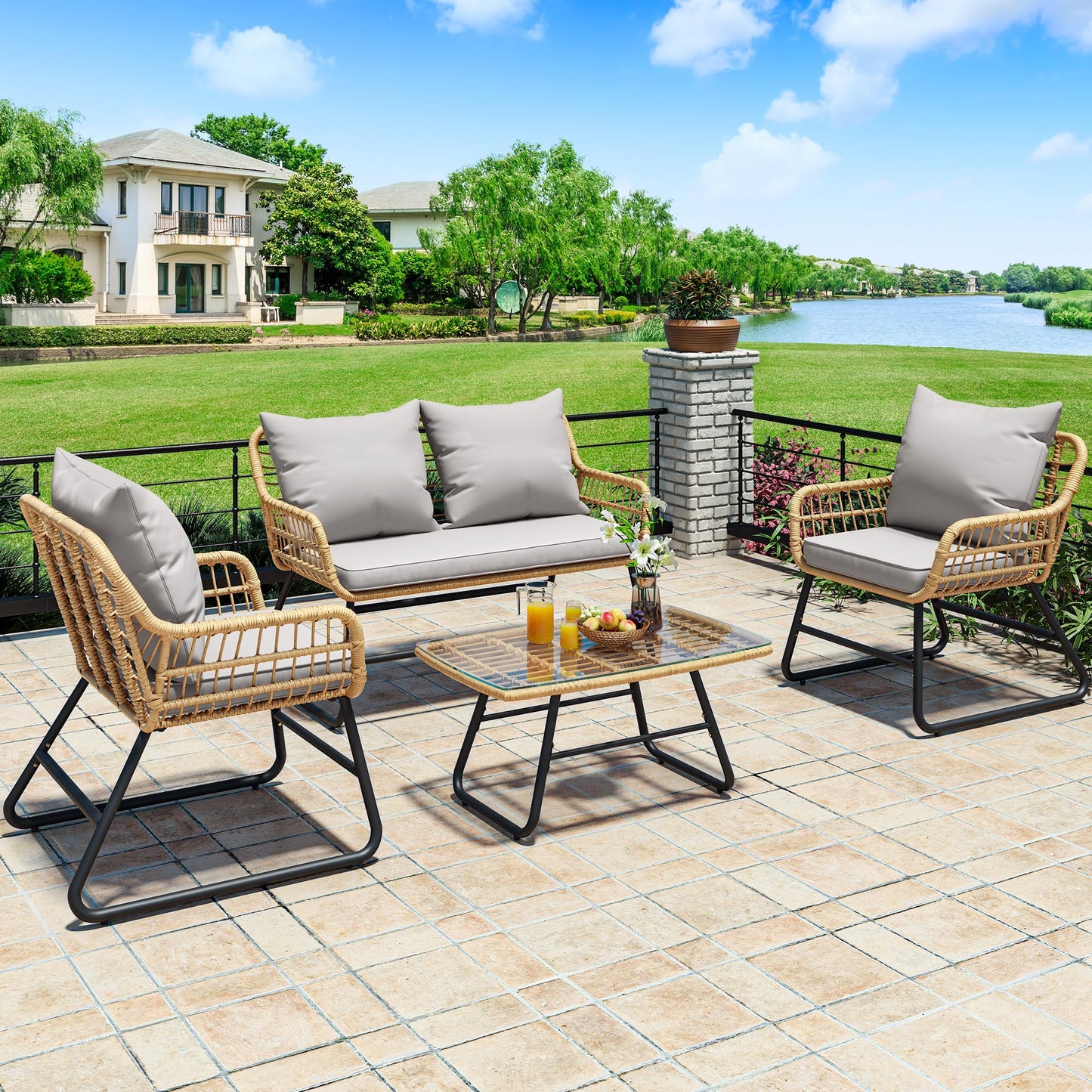 YITAHOME 4-Piece Patio Furniture Set, Wicker Outdoor Bistro Set, All Weather Rattan Patio Conversation Set with Soft Cushions and Glass Side Table for Backyard, Balcony, Deck - Light Grey
