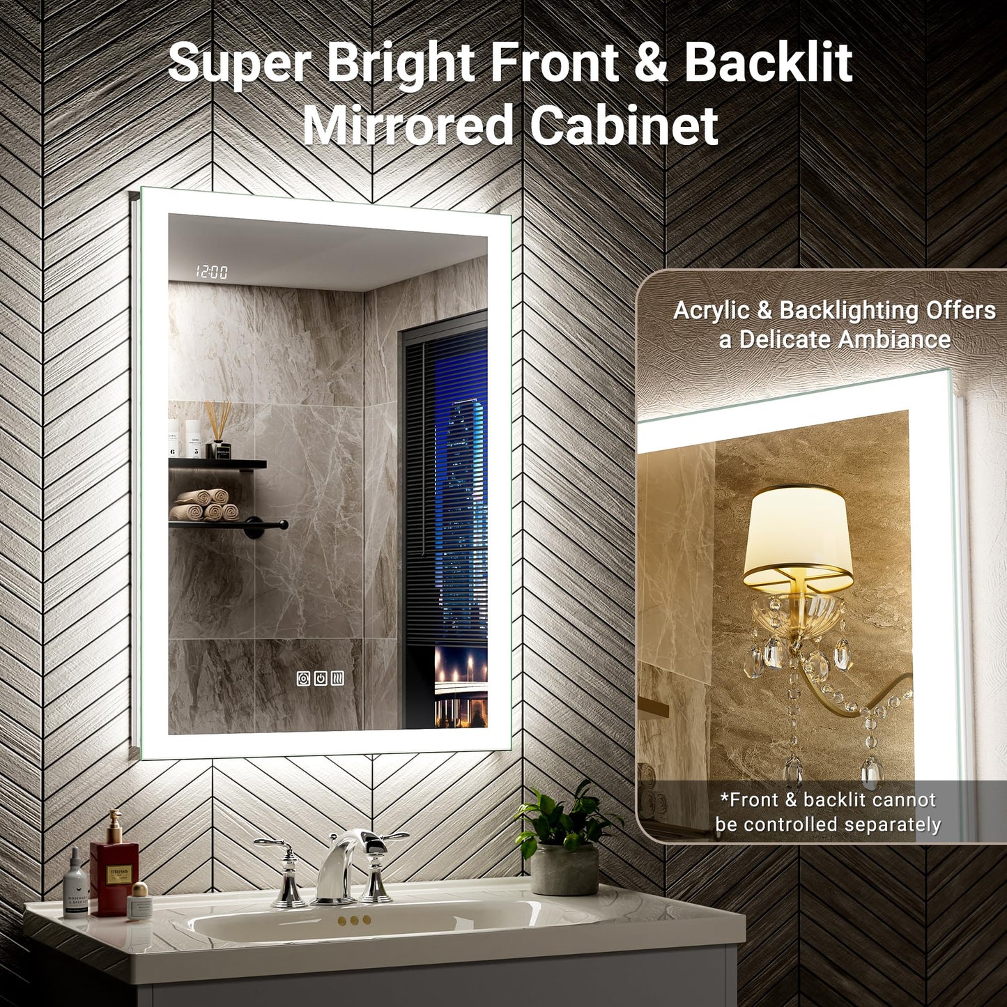 QueenFun 24x32 Front & Backlit Medicine Cabinet with LED Lights, 155°Soft-Close Hinge, Surface or Recessed Dimmable Lighted Medicine Cabinet Mirror with Clock Outlet Inner Light,Anti-Fog