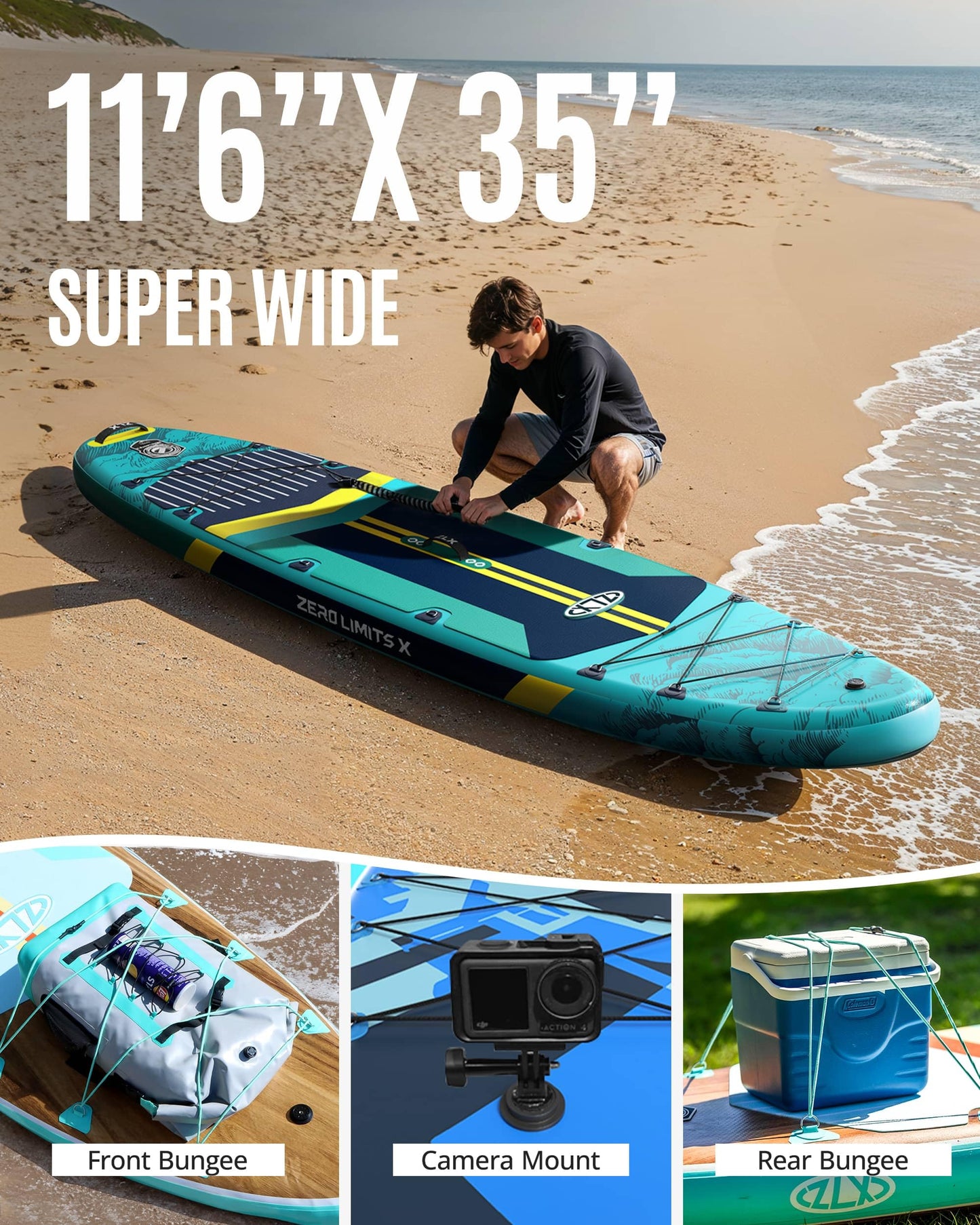 ZLX 11'6"x35" Ultra Wide Inflatable Stand Up Paddle Board | Stable Non-Slip Deck Pad, Unique Fin System, Premium SUP Accessories & Backpack - Upgraded Pump for Adults, All Skill Levels