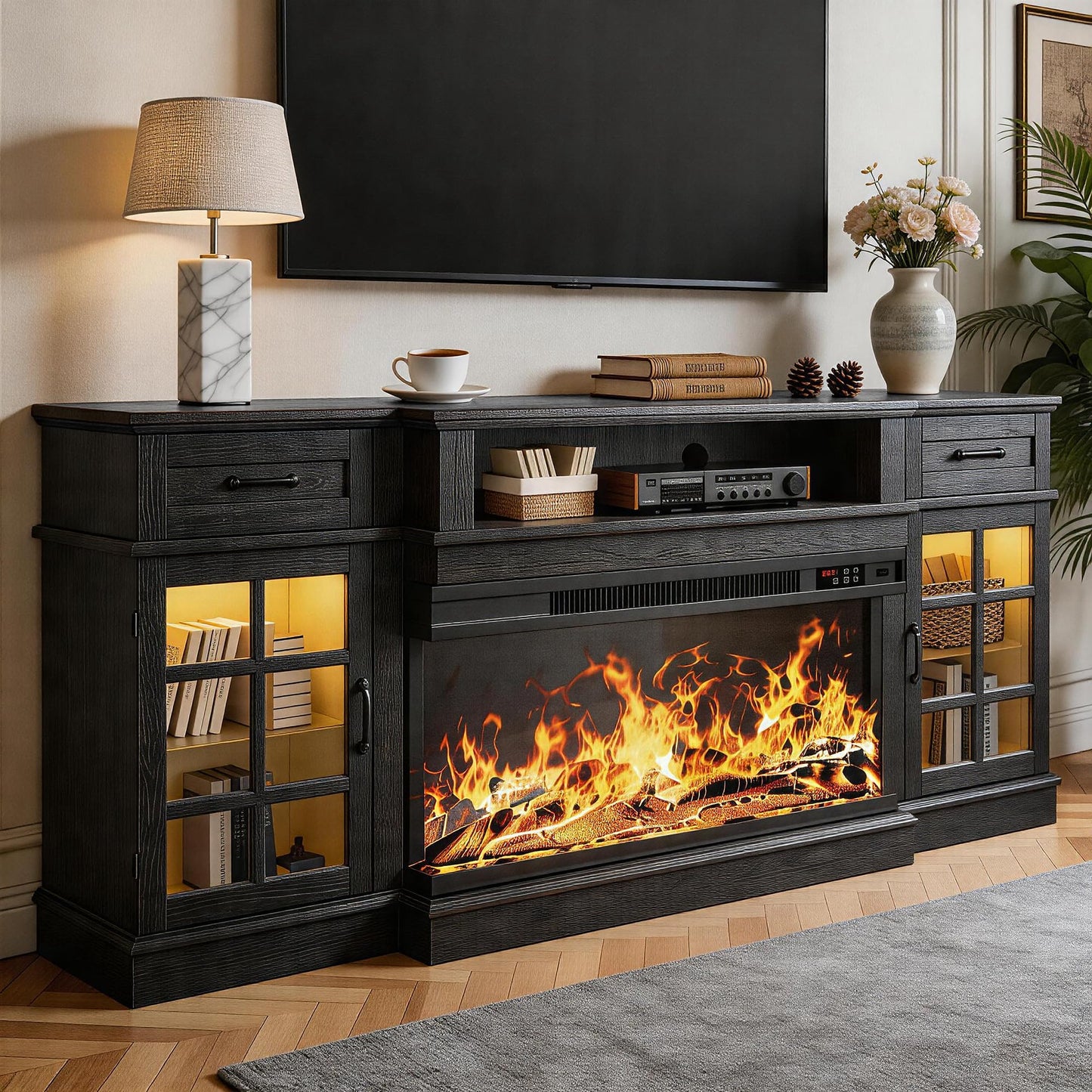 MXV 70" Fireplace TV Stand, 3-Sided Glass Fireplace and Modern Entertainment Center, Wooden Media Console with Glass Doors & Storage Drawers, LED Light, for Living Room, Black