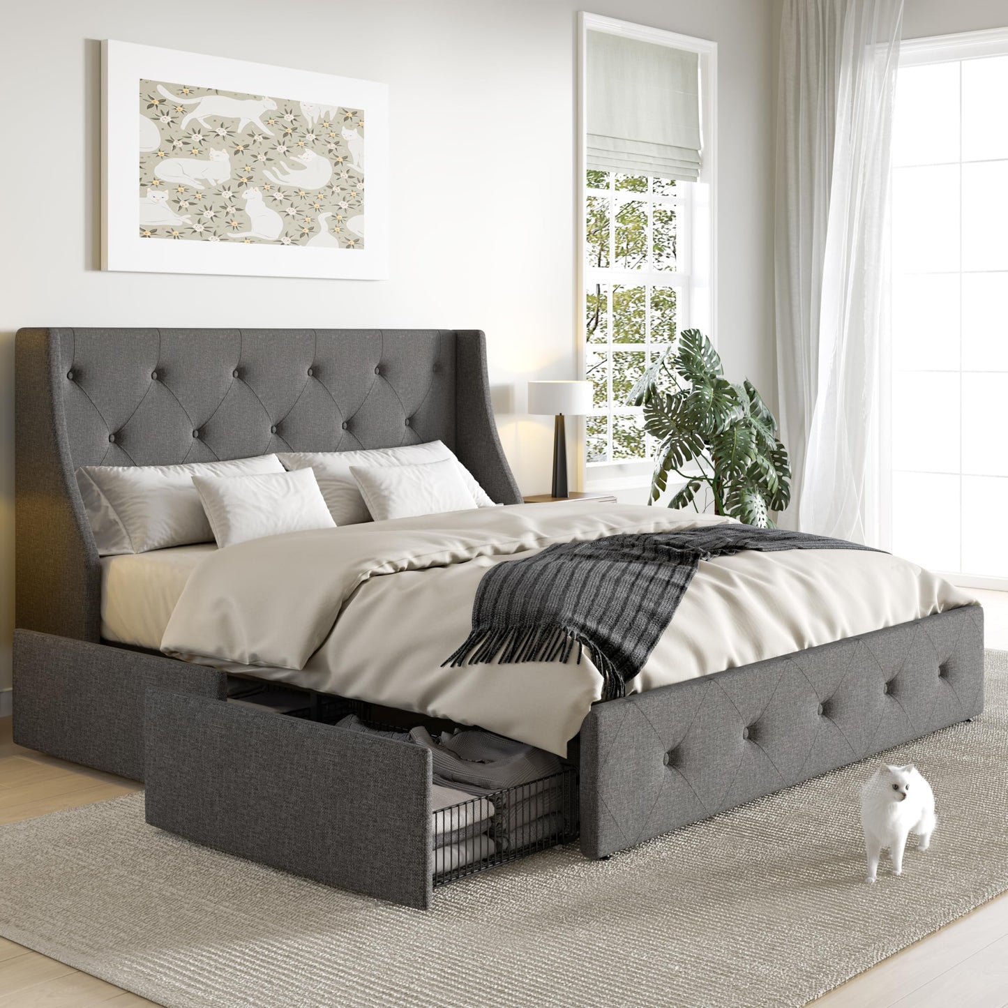 SHA CERLIN Upholstered Full Size Platform Bed Frame with 4 Storage Drawers and Wingback Headboard, Diamond Stitched Button Tufted Design, No Box Spring Needed, Light Grey