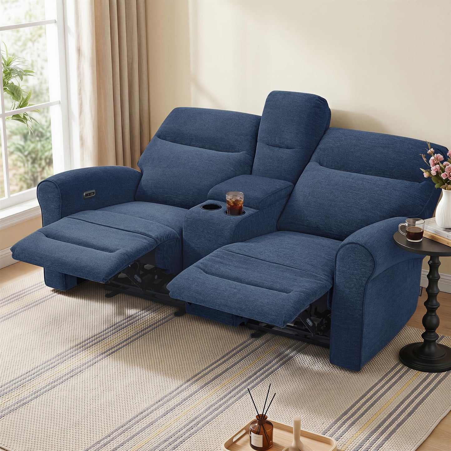 MCombo 78.3" Wall Hugger Power Loveseat Recliner Sofa with Console, Reclining Loveseat with USB Ports, Cup Holders, for Small Spaces Living Room RV, Fabric PR635M2 (Navy Blue)