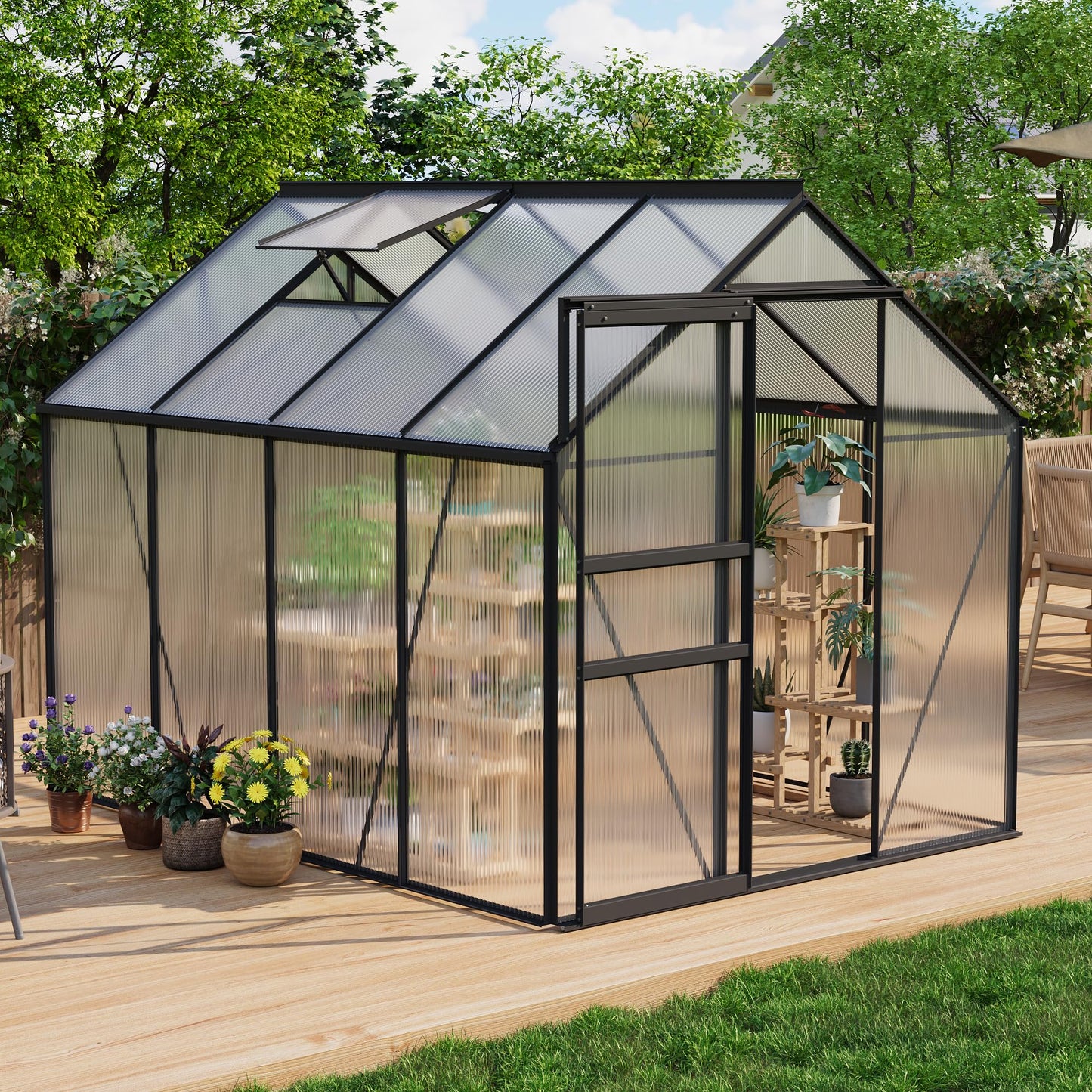 IDEALHOUSE 6 x 8FT Greenhouse for Outside, Polycarbonate Greenhouses with Aluminum Frame, Sliding Door, Adjustable Roof Vent for Backyard, Outdoor Green Houses Garden Backyard, Patio