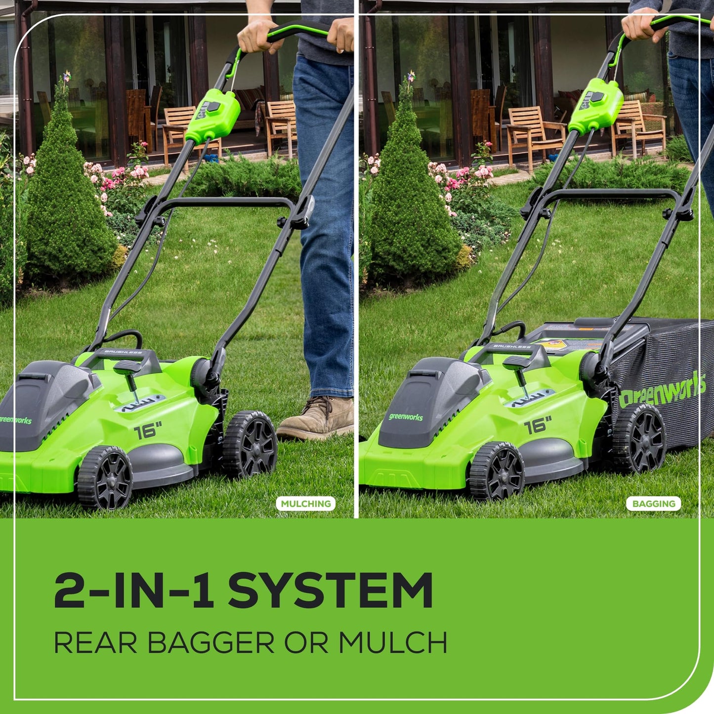 Greenworks 40V 16" Brushless Cordless (Push) Lawn Mower + Blower (350 CFM) + 13" String Trimmer (Bonus Spools), 4.0Ah + 2.0Ah Battery and Charger Included (75+ Compatible Tools)