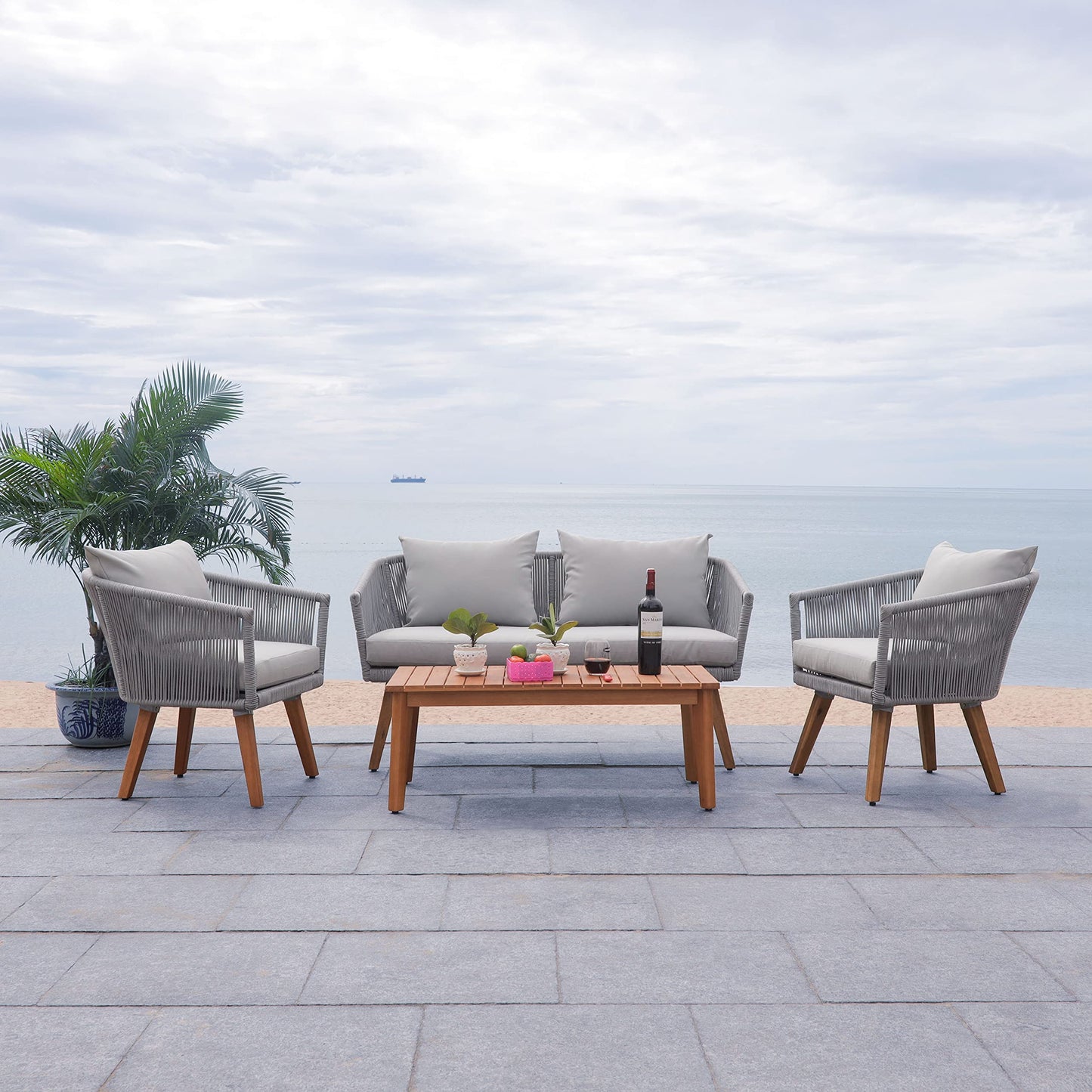 SAFAVIEH PAT7072A Outdoor Velso Rope 4-Piece Seat Cushions and Pillows Included Patio Set