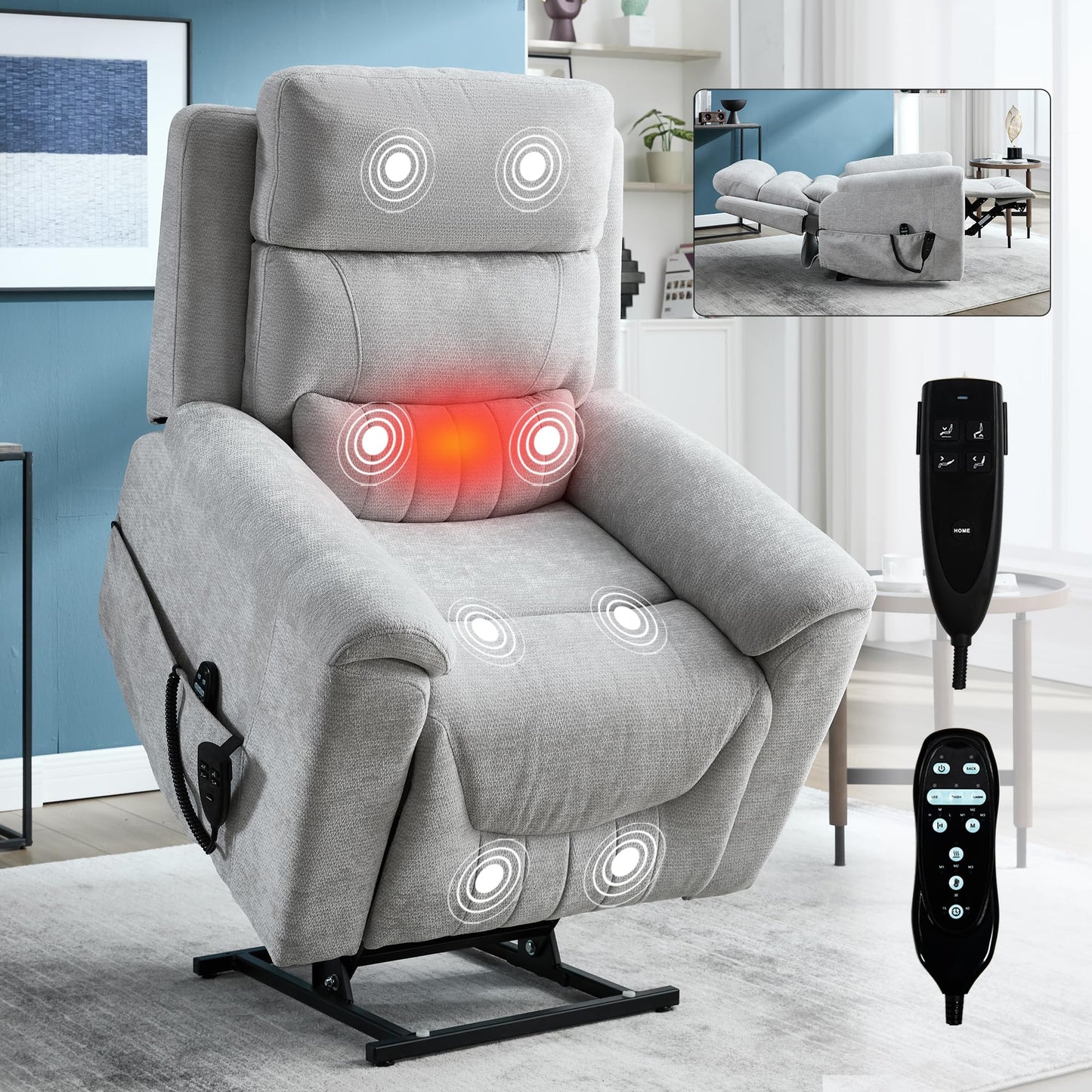 KEIKI Dual Motor Power Lift Recliner Chair with Massage & Heat, Leatherair Upholstery, Heavy Duty Motion Mechanism, Pillow Back & Arms, 8-Point Vibration, Lumbar Heating, American Style, Light Grey