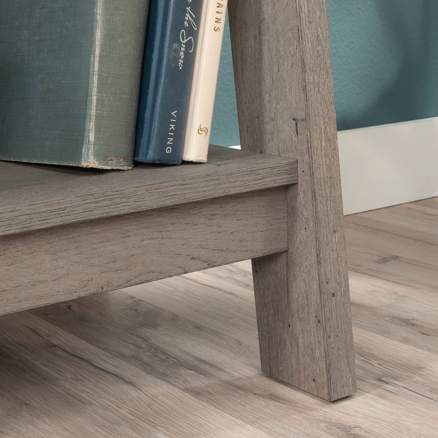 Sauder Ladder Bookshelf 5 Tier Trestle Ladder Shelf Wooden Bookcase, in Mystic Oak
