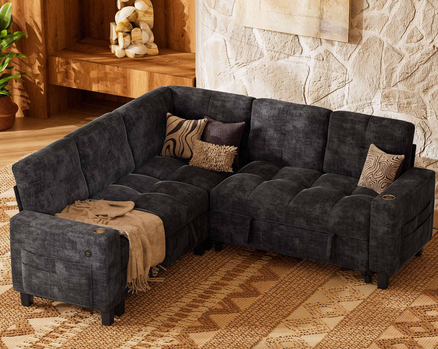 Marsail 85" Sectional Sleeper Sofa with Pull Out Bed, 5 Seat Modular Sectional Sofa with Storage, USB Ports & Cup Holders, Sectional Couches for Living Room, Modern Chenille Cloud Couch, Dark Gray