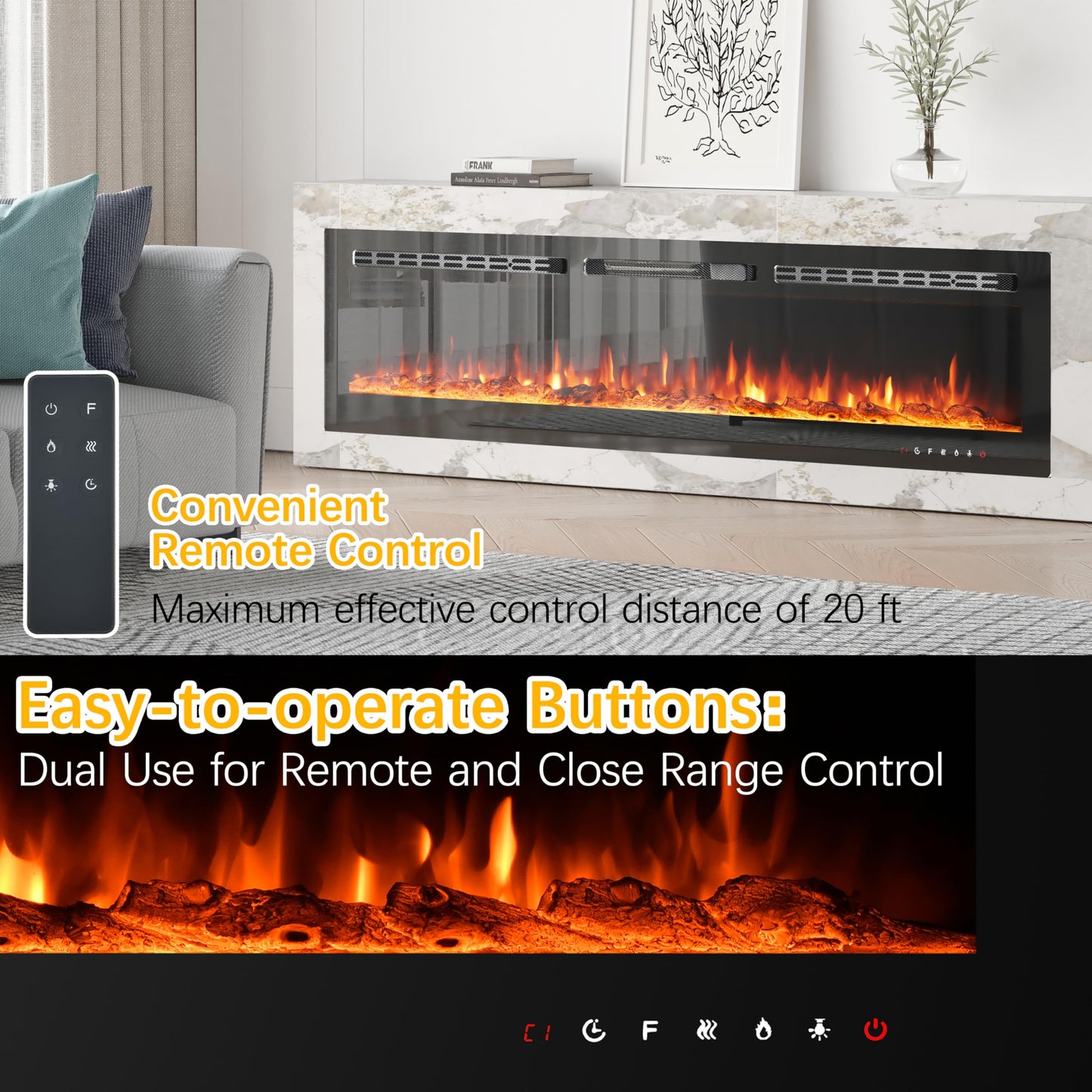 CharaVector 70 inch 750W/1500W Electric Fireplace Inserts with Remote Control in Wall Mounted, Energy Saving LED Insert Fireplace Heater Indoor Glass View with Remote Control & Touch Screen, Black