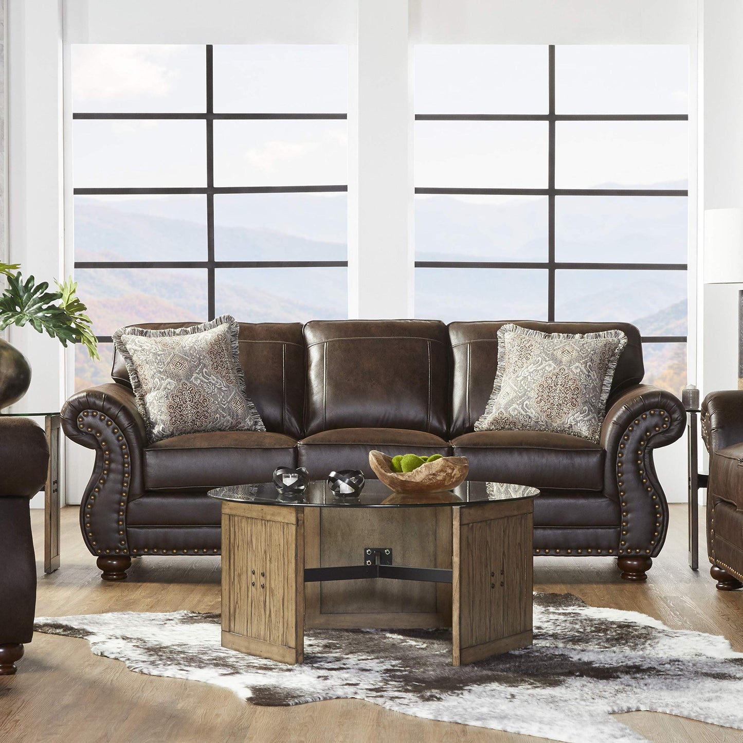 Leinster Faux Leather Sofa with Antique Bronze Nailheads in Espresso