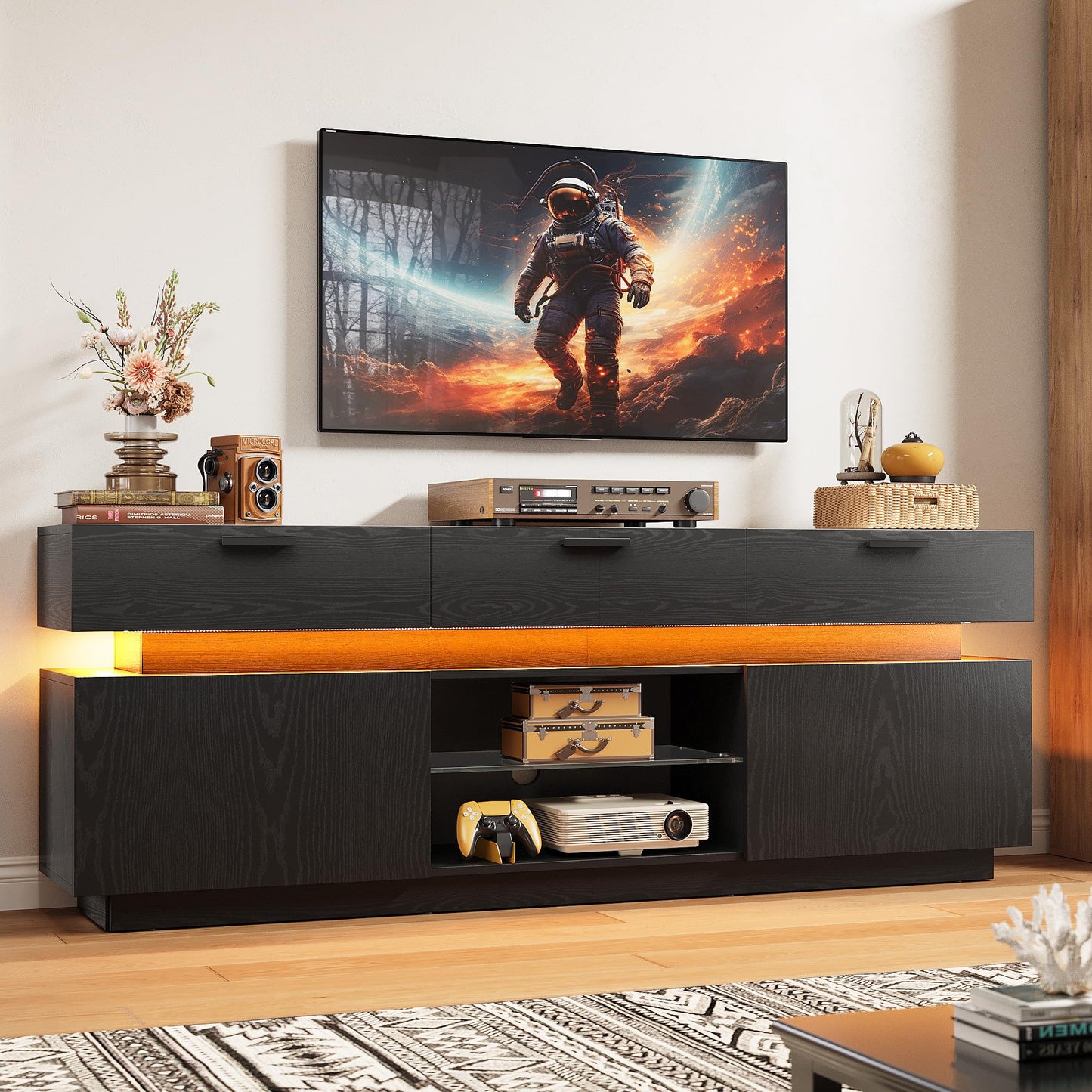 LIKIMIO Black TV Stand for TVs 85 inch, Entertainment Center with Power Outlets & LED Lights, TV Media Console Table with Cabinets, Drawers and Open Storage Shelves, Modern TV Stand for Living Room