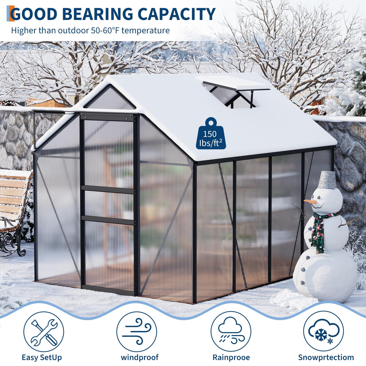 IDEALHOUSE 6 x 8FT Greenhouse for Outside, Polycarbonate Greenhouses with Aluminum Frame, Sliding Door, Adjustable Roof Vent for Backyard, Outdoor Green Houses Garden Backyard, Patio