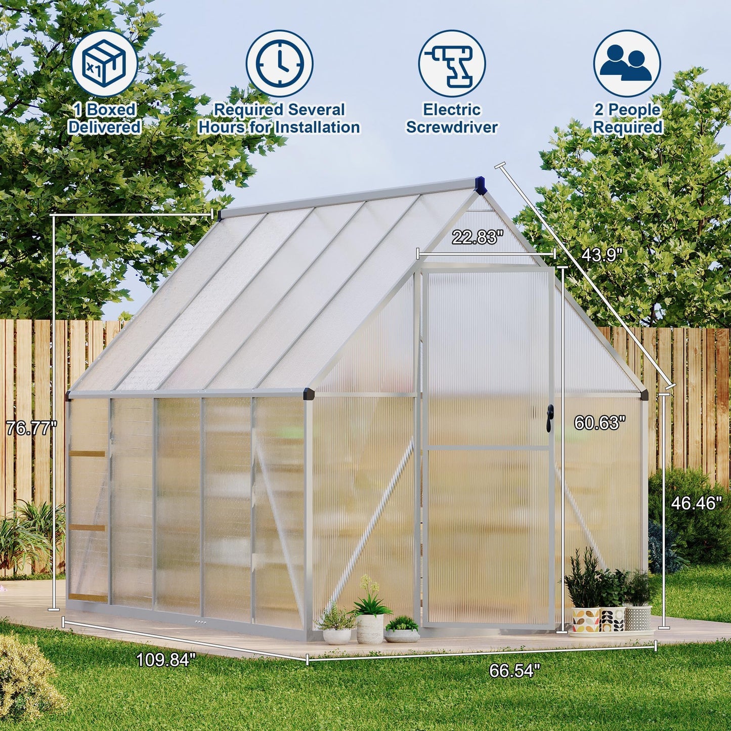 6x9 ft Polycarbonate Greenhouse with Aluminum Frame, Walk in Greenhouse with Adjustable Roof Vent, Heavy Duty Green House for Outside Garden Backyard, Easy Assembly, Silver