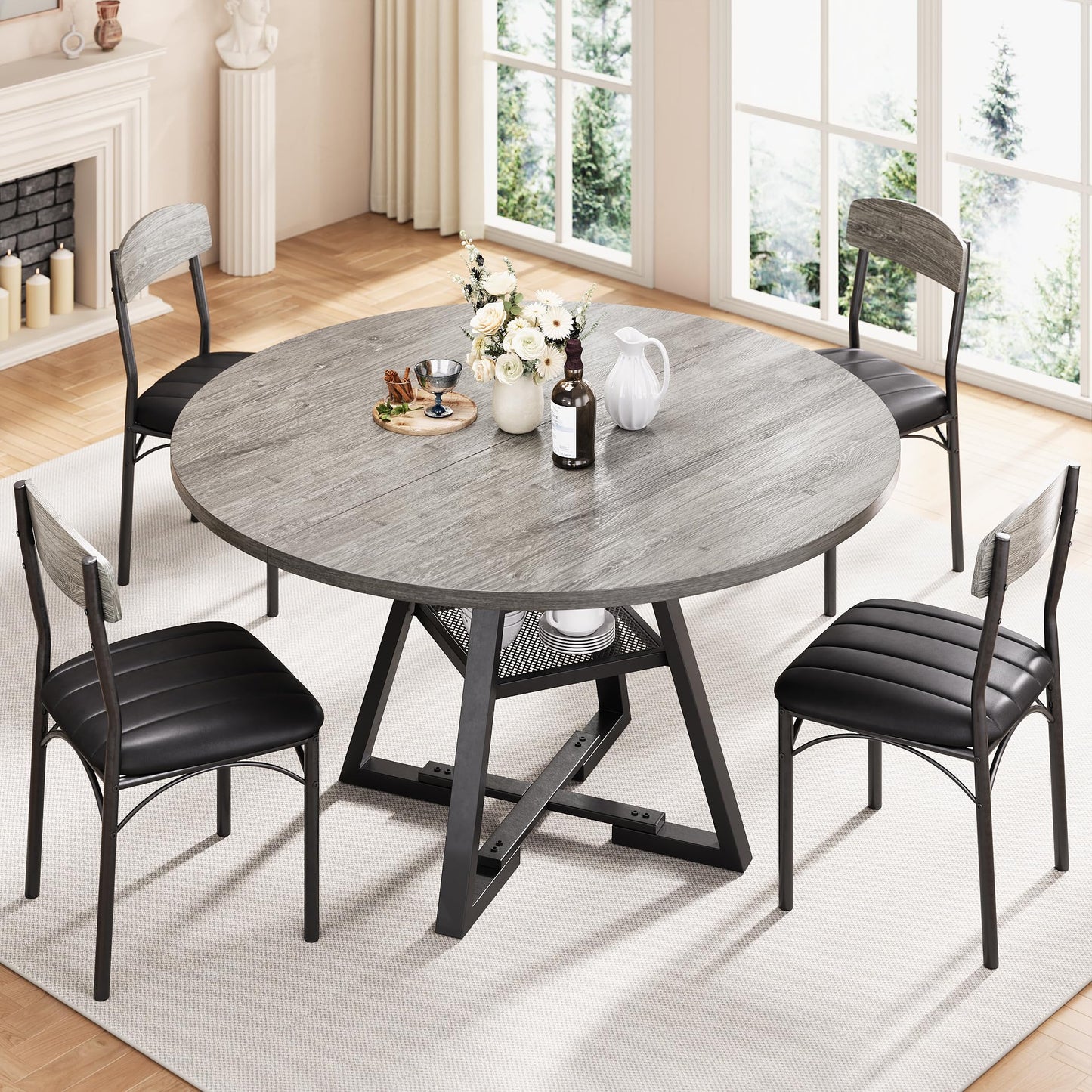 Round Dining Table Set for 4, Kitchen Table and Chairs for 4, Circle Table Round Pedestal Dining Room Dinner Dinette Table Set,5 Piece Space Saving Wood Kitchen & Dining Room Tables (Grey, 42In)