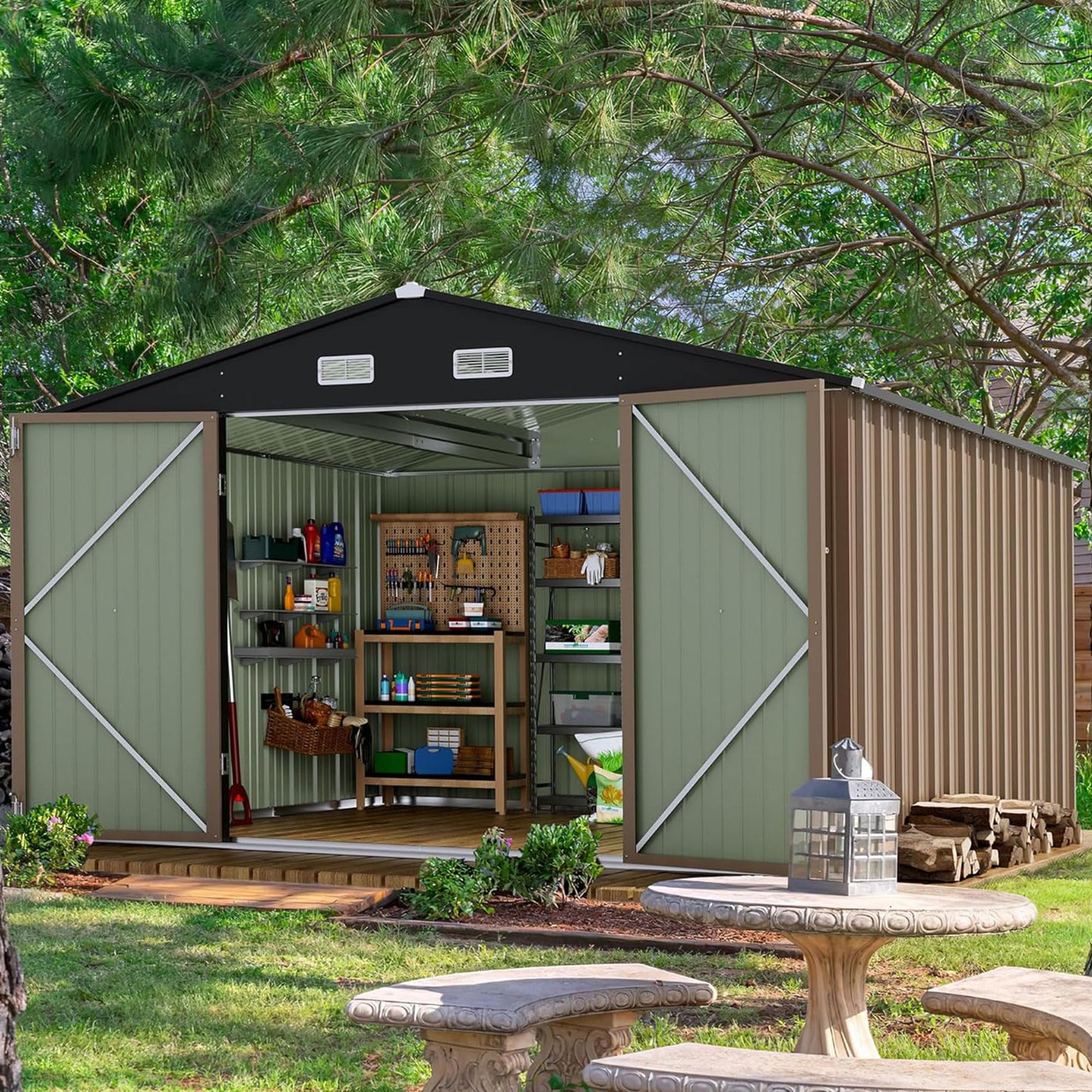 Devoko 10 x 8 FT Outdoor Storage Shed, Metal Garden Sheds & Outdoor Storage Clearance, Large Tool Shed Outdoor with Single Lockable Door for Patio Lawn Backyard (Brown)