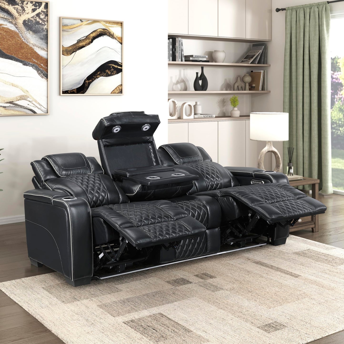 Lexicon Power Double Reclining Sofa, Center Drop-Down Table with Heat/Massage/Headrest/Storage Arms/Cup Holders/LED Lights/Wireless Charging, Top Grain Leather Match Wall Hugger Recliner Sofa, Black