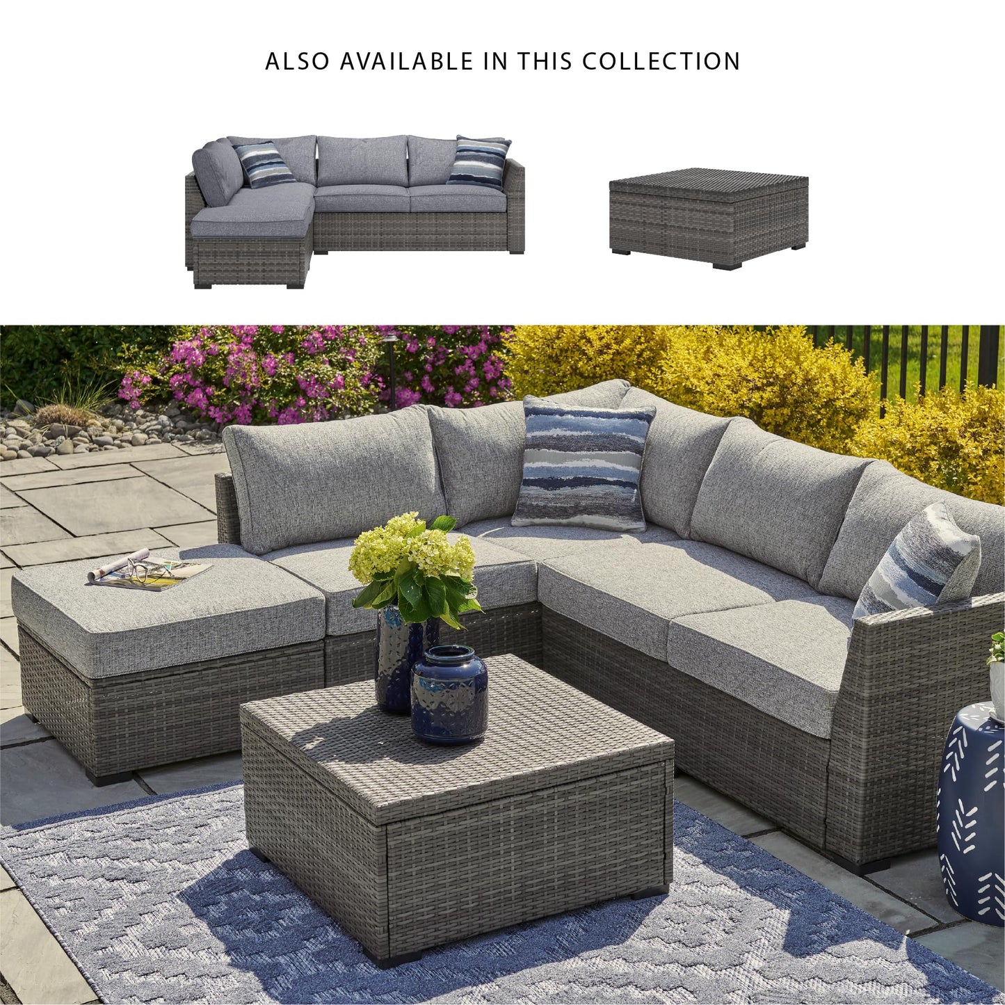 Signature Design by Ashley Petal Road Casual Nuvella Weather Resistant Fabric, Cushioned Outdoor Loveseat Sectional/Ottoman/Table Set with 2 Throw Pillows, Set of 4, Gray
