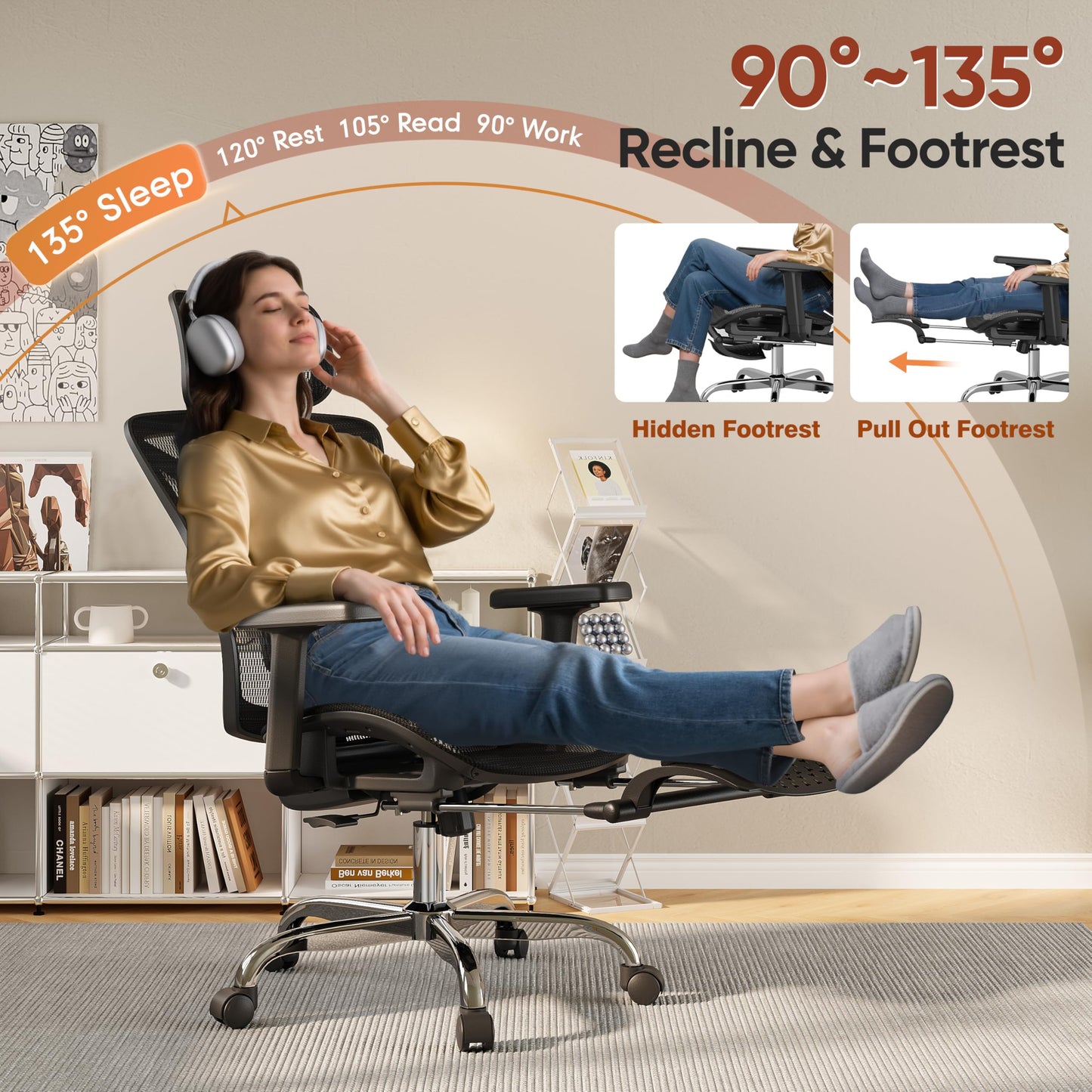 Ergonomic Office Chair with Footrest, Desk Chair Comfy with 3D Adjustable Lumbar Support & Arm & Headrest, 4 Gear 90°-135° Tilt, Wide Air Mesh Seat, Heavy Duty Class-4 Gas Lift, Computer Gaming Chair
