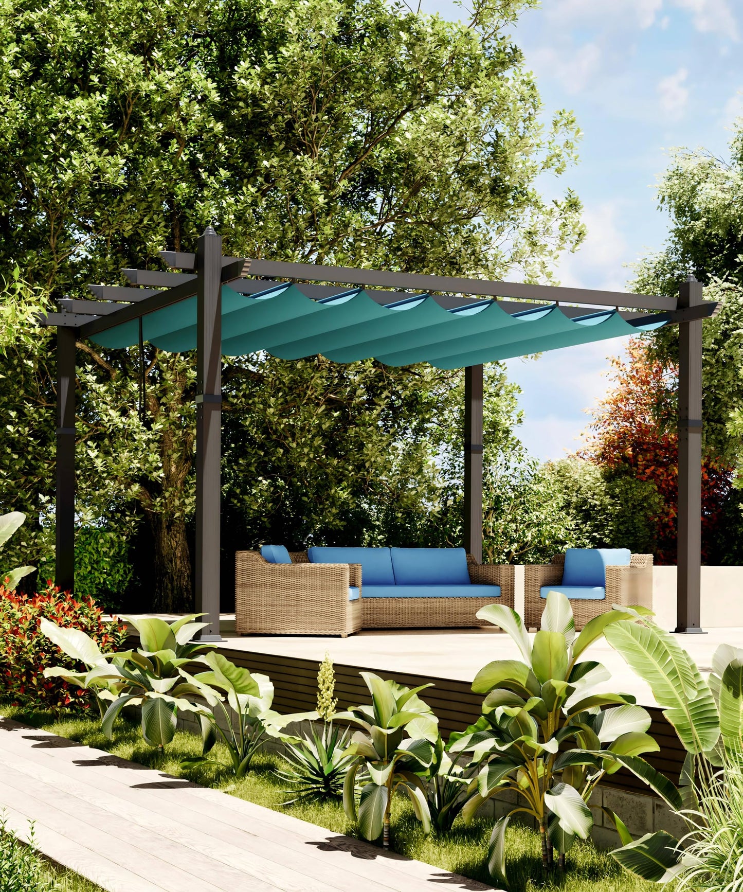 GarveeLife 10x13 ft Aluminum Pergola, Outdoor Metal Pergola with Adjustable Canopy, Reinforced Frame Outdoor Shelter for Backyard, Garden and Deck - Blue