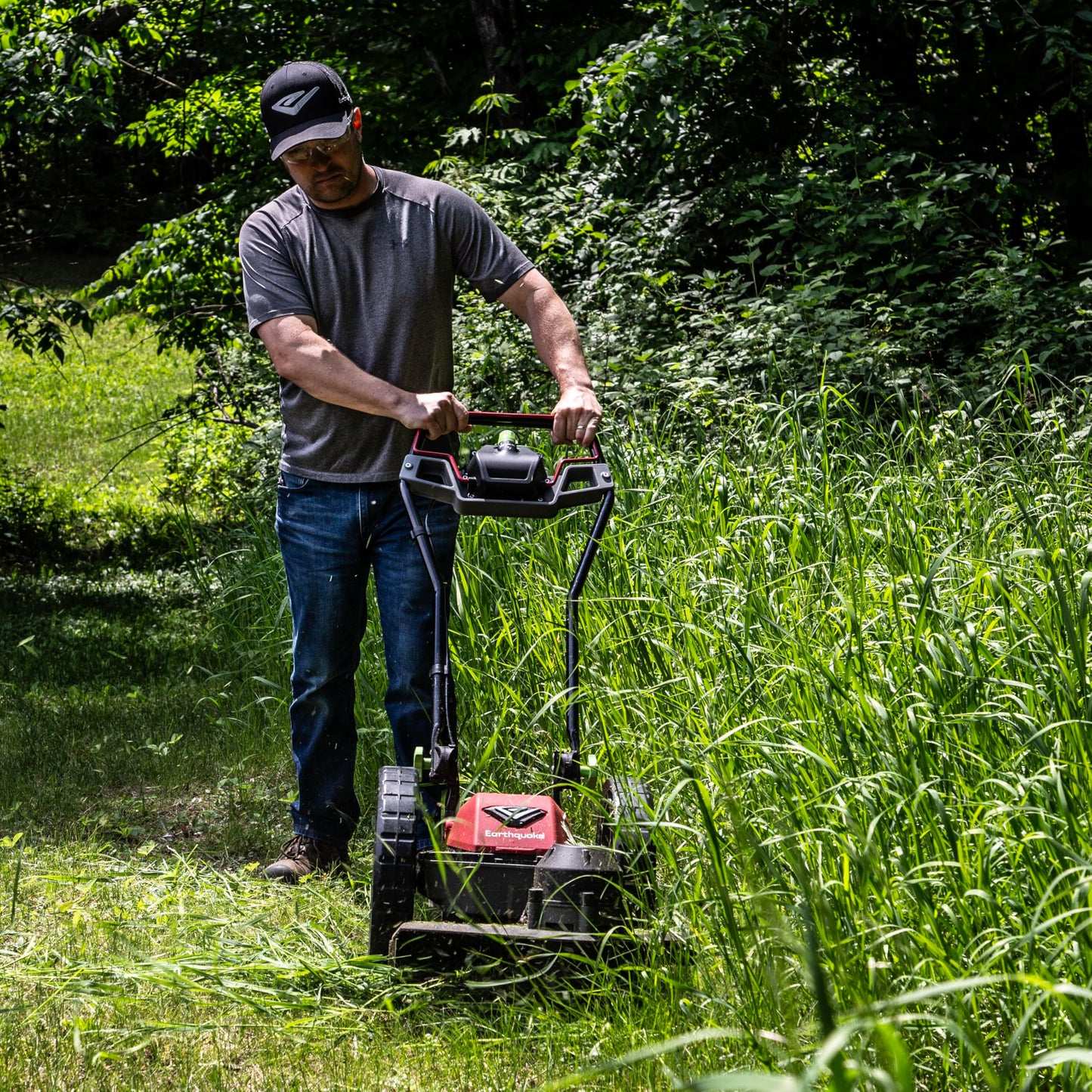 Earthquake 60V Walk Behind String Mower, Includes Two 4Ah Batteries, 22” Cutting Diameter, Three Cutting Speed Dial, 14” Never-Go-Flat Wheels, Easy Assembly, Adjustable Handlebar, Model #44965