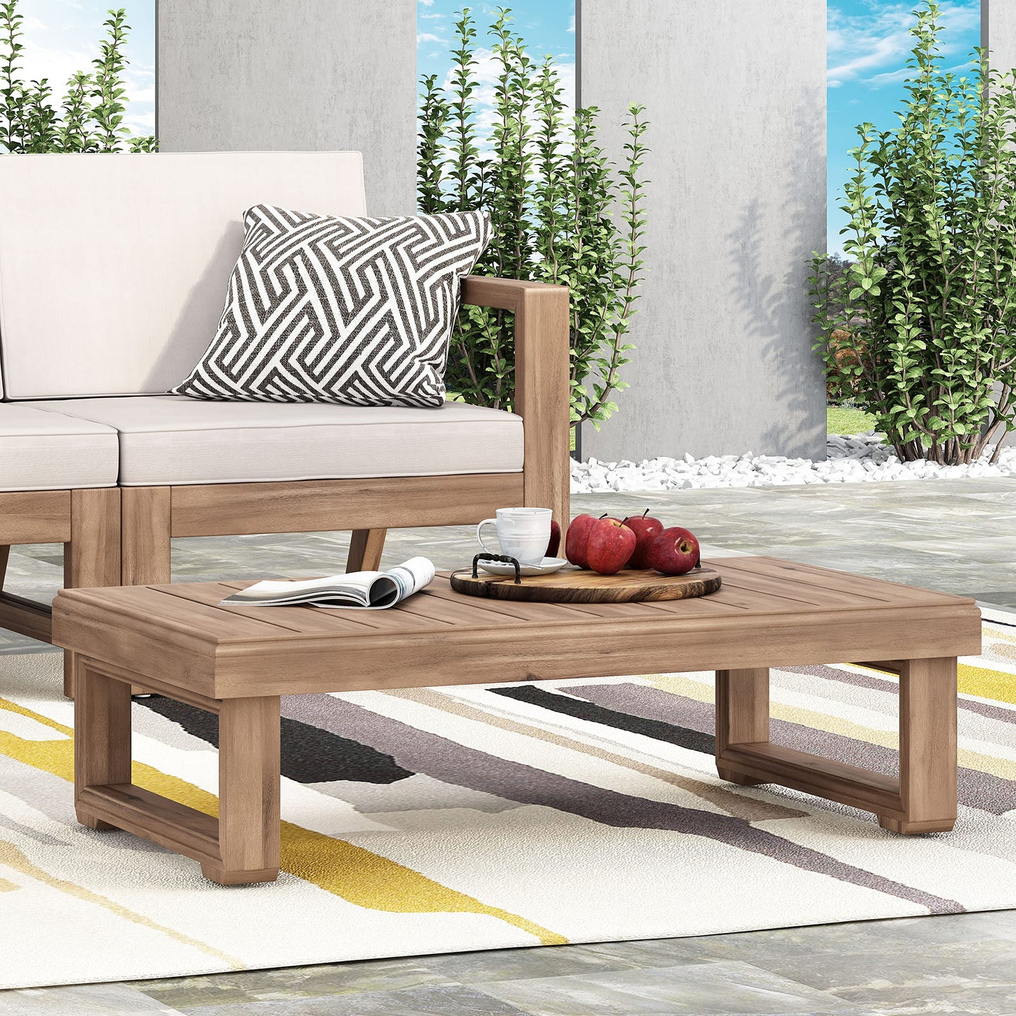 Christopher Knight Home 4-Piece Patio Furniture Set, Outdoor Acacia Wood 3-Seater Patio Sofa Set with 2 Swivel Rocking Chairs & Coffee Table, Deep Seating Patio Set for Porch Deck Garden, Brown+Beige