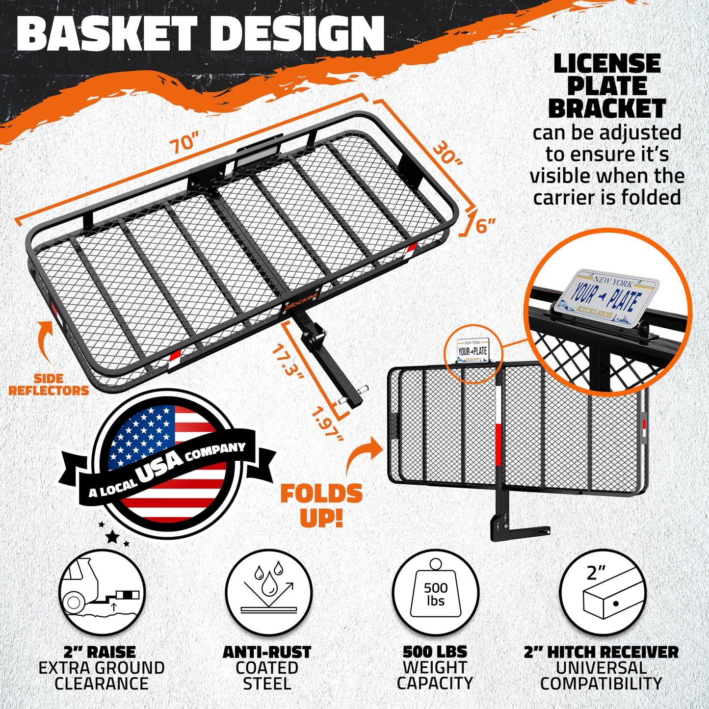 Mockins 70"x30"x6" XXL Folding Trailer Hitch Cargo Carrier w/Plate Bracket | 500 Lbs Cap All-Weather Steel Luggage Rack for SUV Car & Truck w/ 40 CuFt Waterproof Cargo Hitch Carrier Bag & Accessories