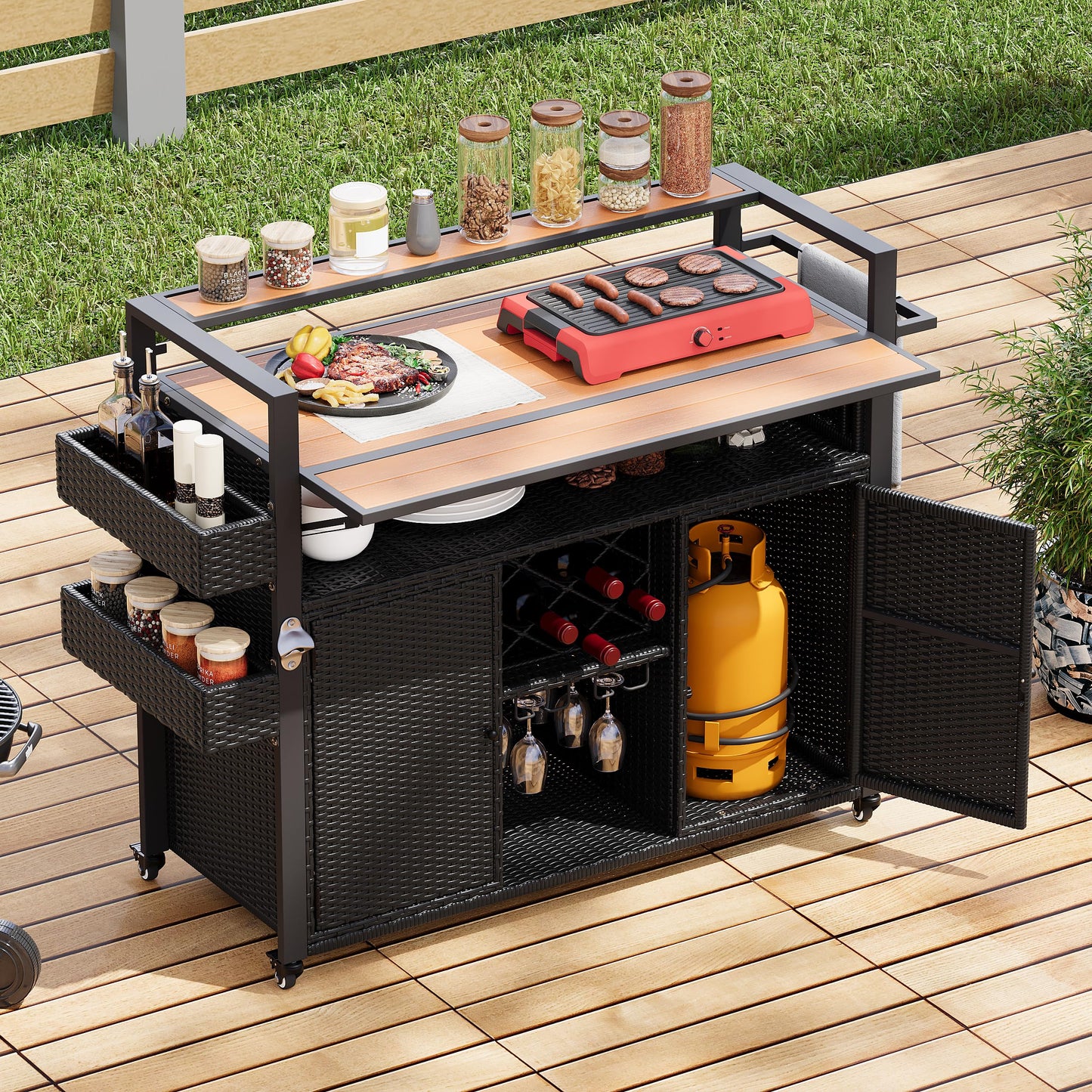 Merax 52.8"W Wicker Outdoor Grill Cart with Extended Plastic Wood Table Top, Rolling Kitchen Island on Wheels with Storage Cabinet for Patio Backyard Garden Poolside, Double Handle Design, Black Brown