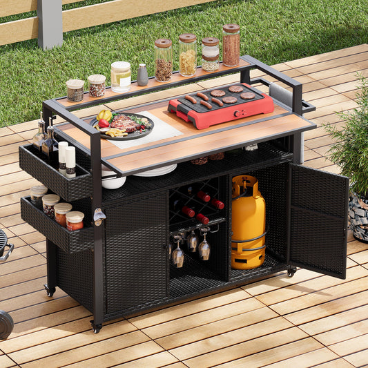 Trygoal Outdoor Grill Cart BBQ Prep Station, Double Tabletop Rolling Wicker Kitchen Island with 7 Adjustable Shelves & Wine Rack, Weather-Resistant Storage Cabinet for Patio Backyard Garden, Black