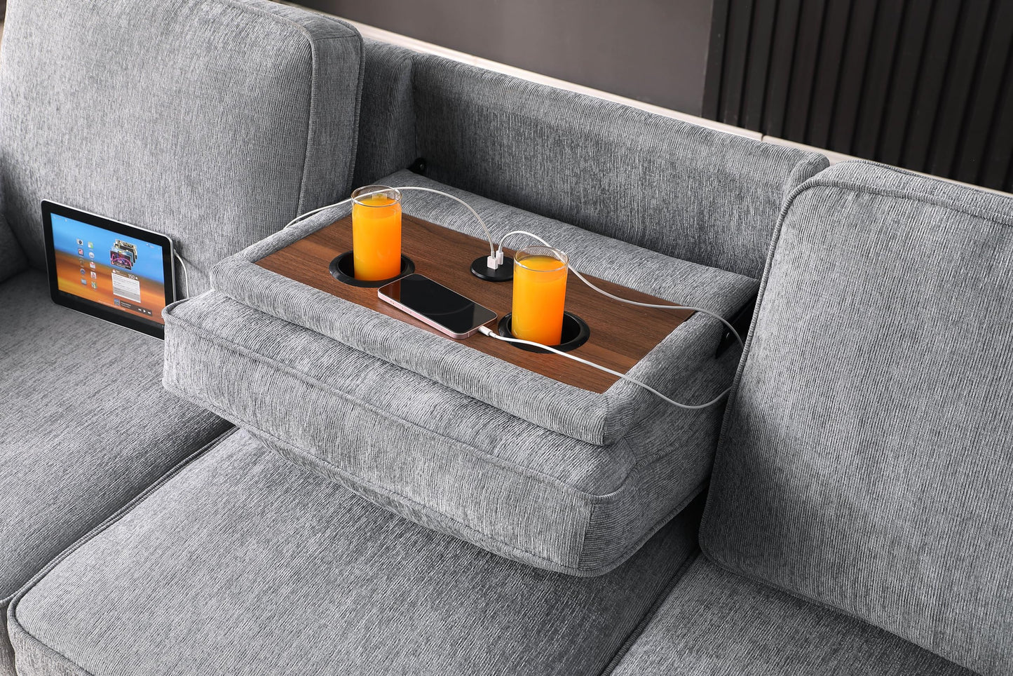 ERYE L-Shaped Pull Out Sleeper Couch Bed, Modern Chenille Upholstered Button Tufted Corner Couch Reversible Sectional Sleeper Sofa Bed W/Storage Chaise, Cup Holders