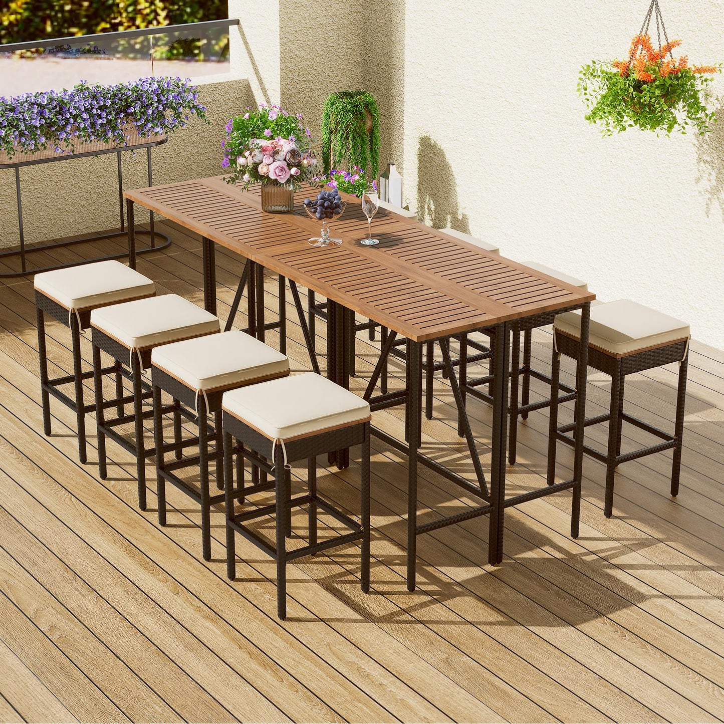 Merax 10-Piece Patio Table and Chairs Set for 8, Counter Height Acacia Wood PE Rattan Wicker Dining Table and 8 Stools with Cushions, Foldable Tabletop, Outdoor All-Weather Dining Table Set, Brown